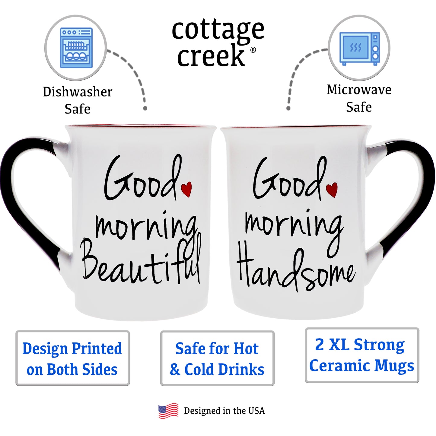 Cottage Creek Good Morning Beautiful and Good Morning Handsome Coffee Mugs, Set of Two Ceramic, Multicolored, 6" Couples Mugs