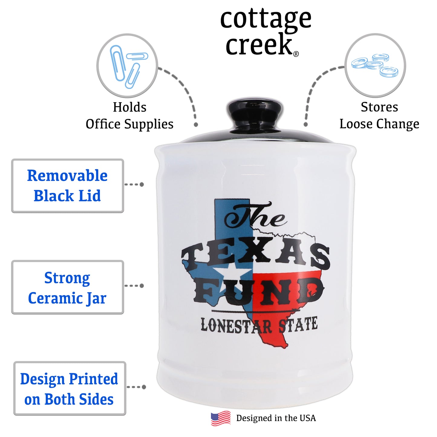 Cottage Creek Texas Fund Piggy Bank, Ceramic, Multicolored, 6" Texas Flag Candy Jar, Texas Vacation Savings Bank