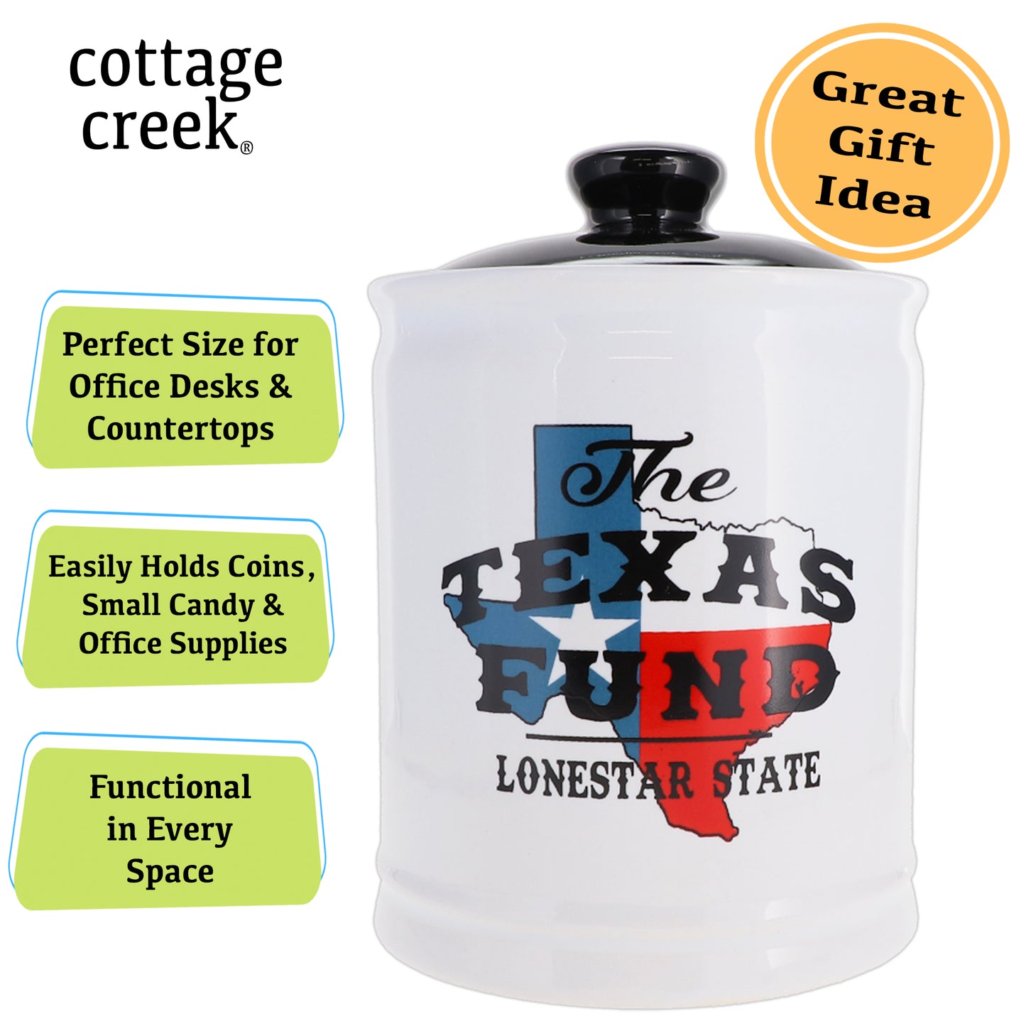 Cottage Creek Texas Fund Piggy Bank, Ceramic, Multicolored, 6" Texas Flag Candy Jar, Texas Vacation Savings Bank