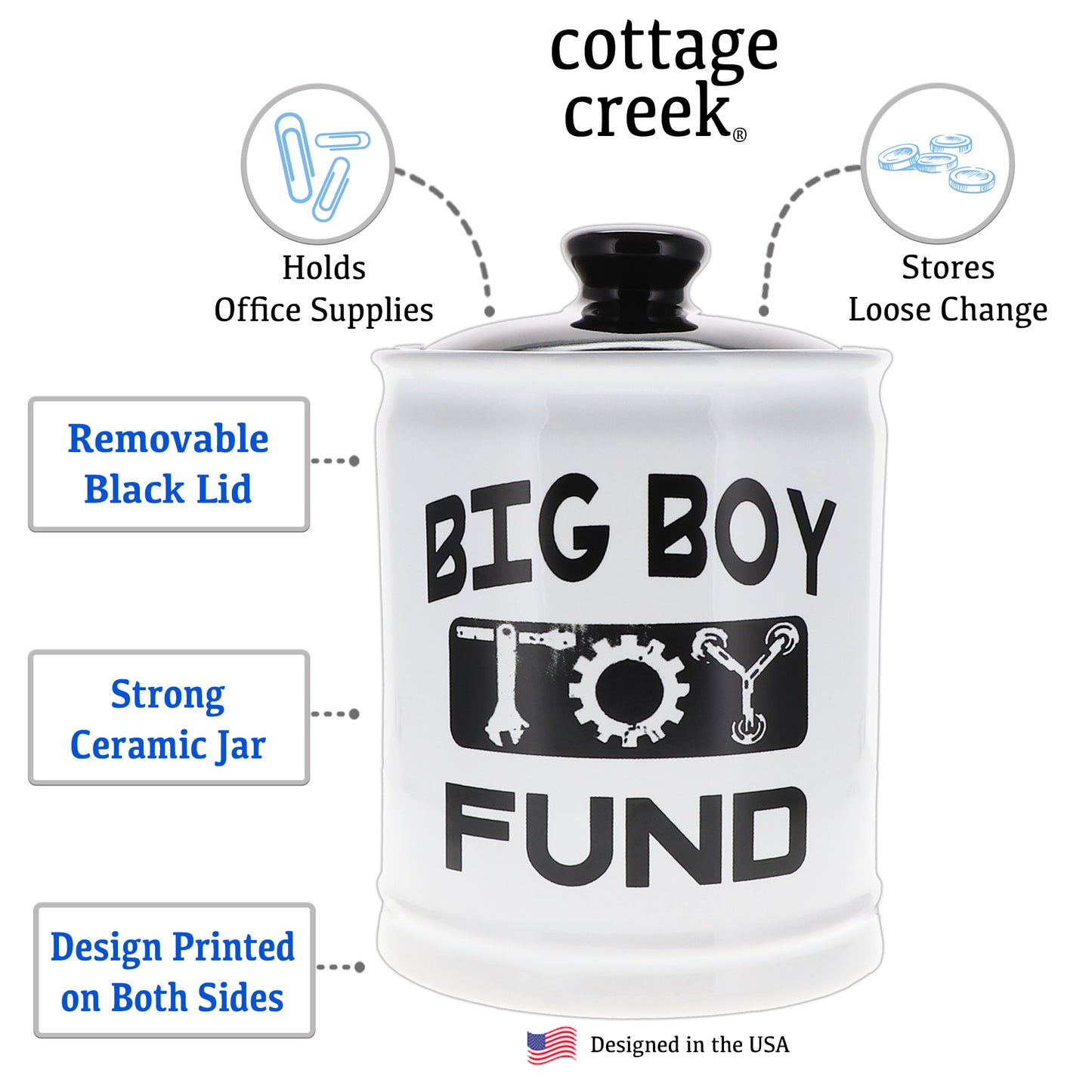 Cottage Creek Big Boy Toy Fund Piggy Bank, Ceramic, 6", Multicolored Candy Jar