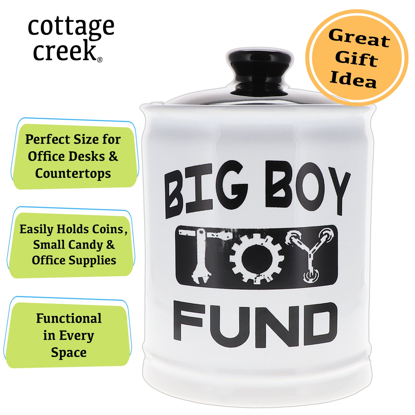 Cottage Creek Big Boy Toy Fund Piggy Bank, Ceramic, 6", Multicolored Candy Jar
