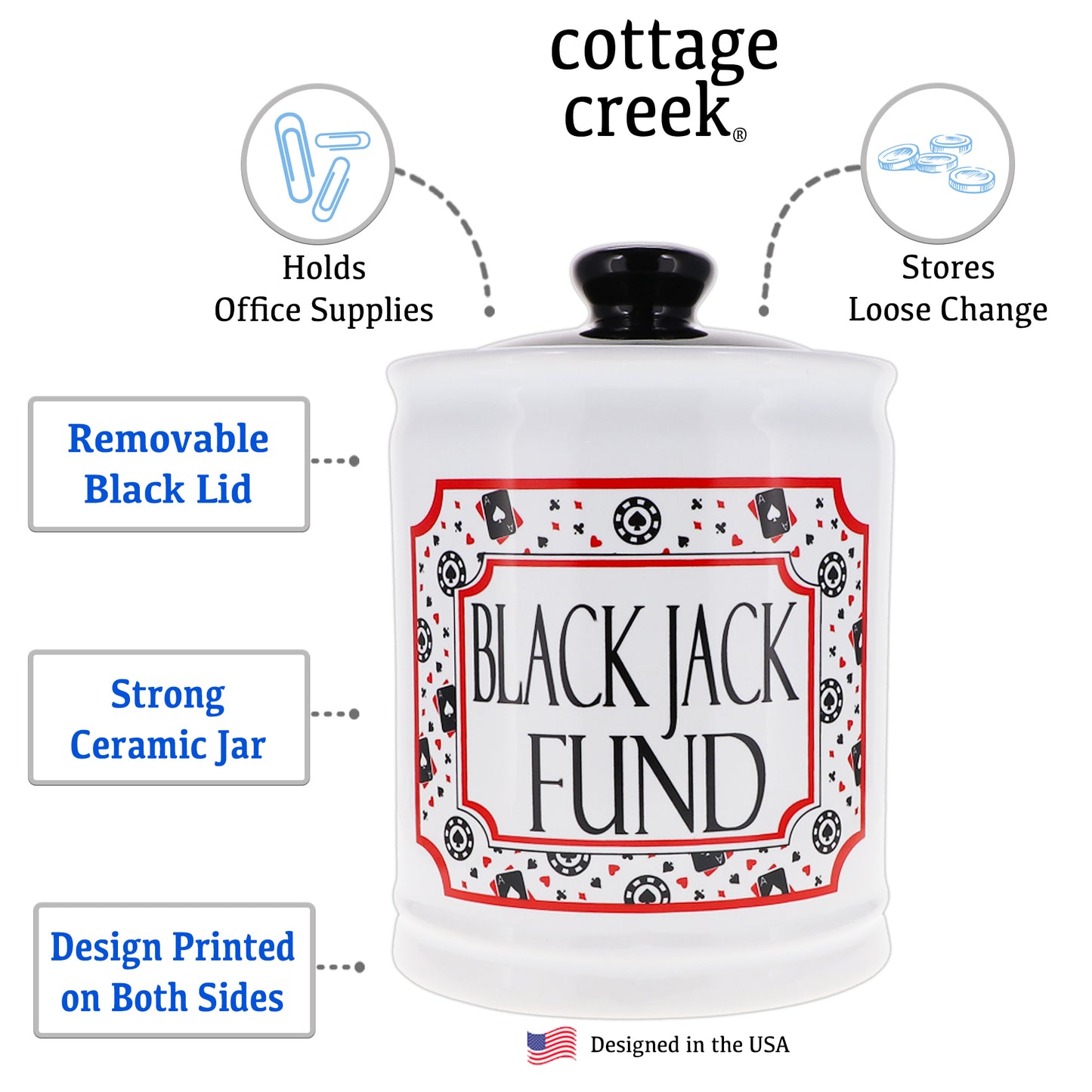 Cottage Creek Blackjack Fund Piggy Bank , Multicolored, Ceramic, 6" Casino Candy Jar, Gambling Gifts