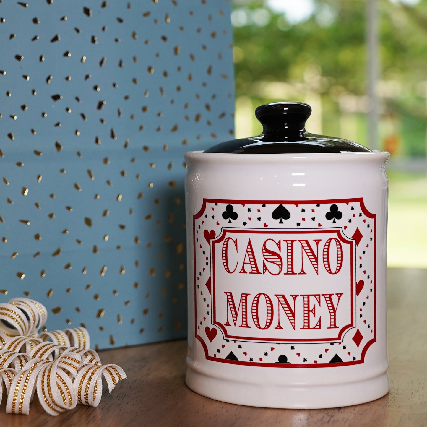 Cottage Creek Casino Money Jar, Ceramic, 6", Multicolored Candy Jar, Casino Party Decorations