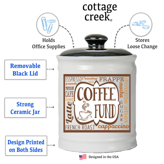 Cottage Creek Coffee Fund Piggy Bank, Ceramic, 6", Multicolored Coffee Money Jar