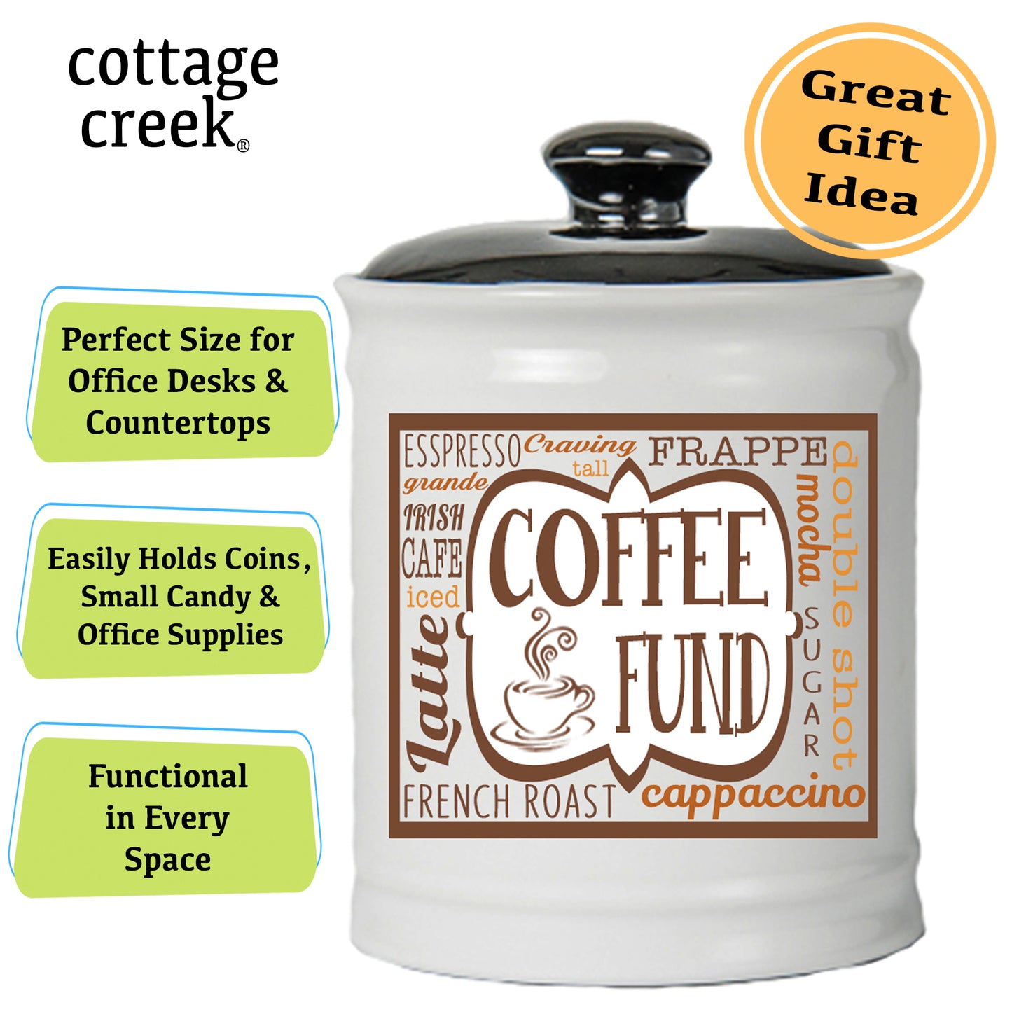 Cottage Creek Coffee Fund Piggy Bank, Ceramic, 6", Multicolored Coffee Money Jar