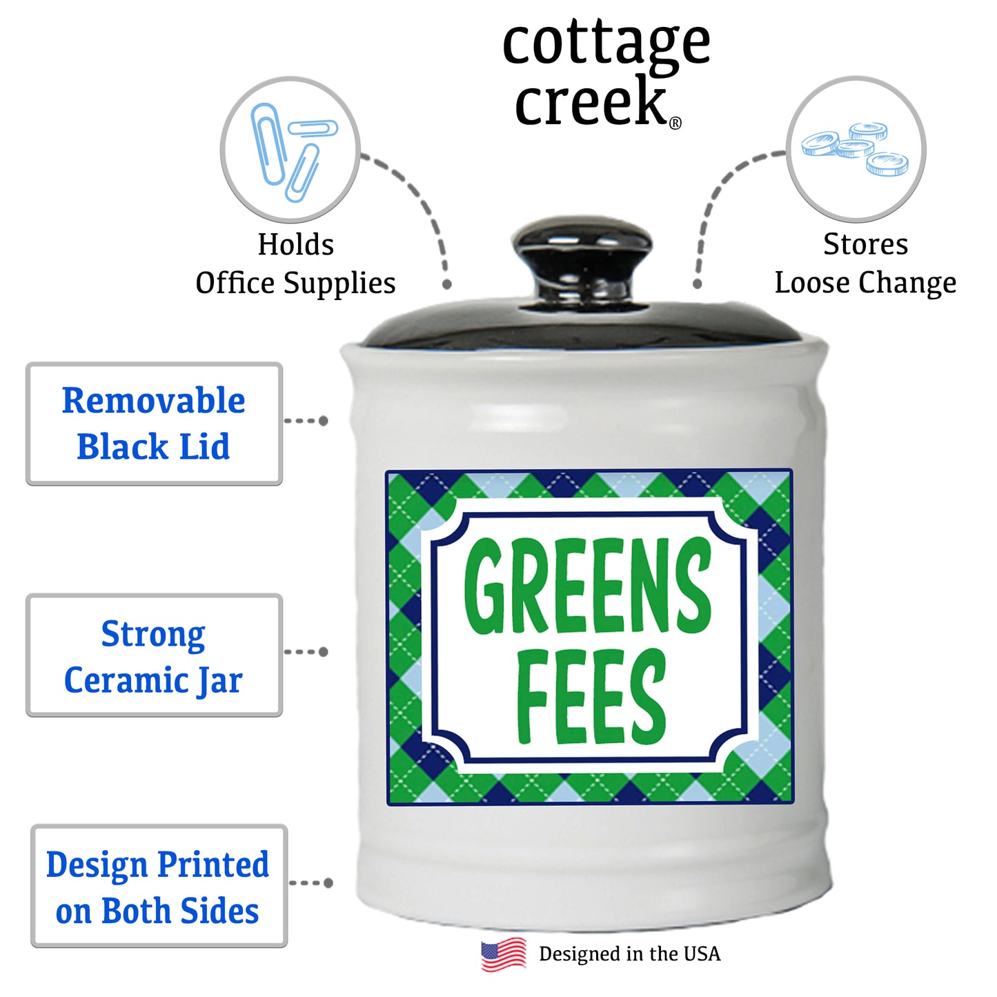 Cottage Creek Golf Piggy Bank, Ceramic Multicolored, 6" Greens Fees Golfing Jar, Golf Gifts