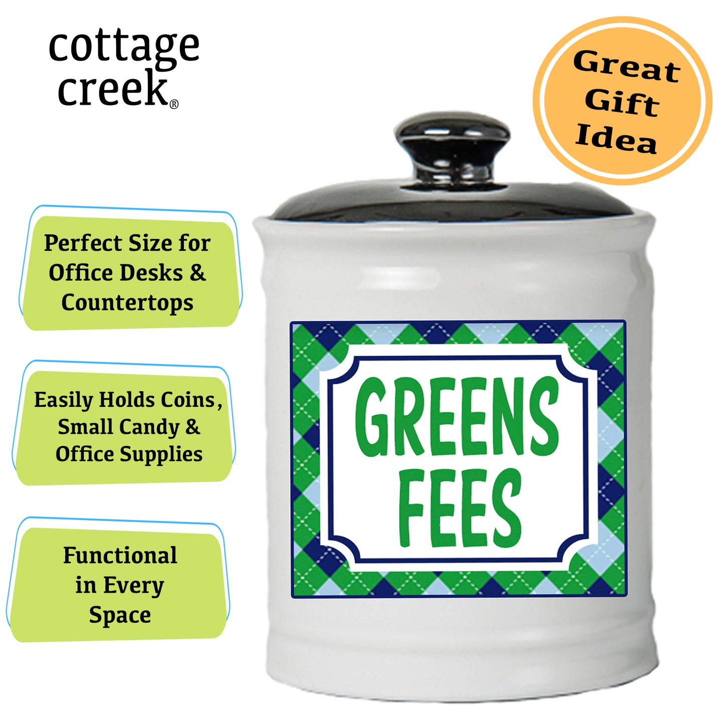 Cottage Creek Golf Piggy Bank, Ceramic Multicolored, 6" Greens Fees Golfing Jar, Golf Gifts
