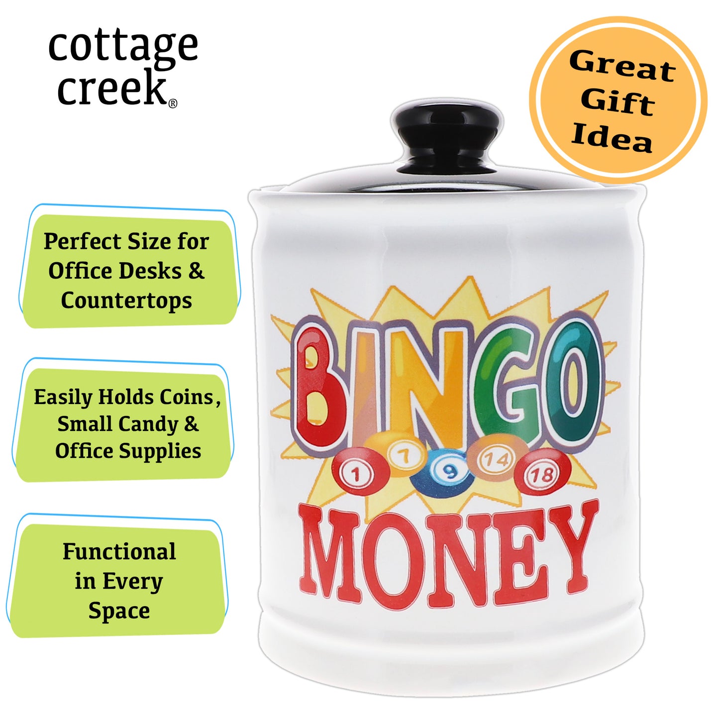 Cottage Creek Bingo Money Piggy Bank, Multicolored, 6", Ceramic Bingo Jar, Bingo Gifts for Bingo Lovers