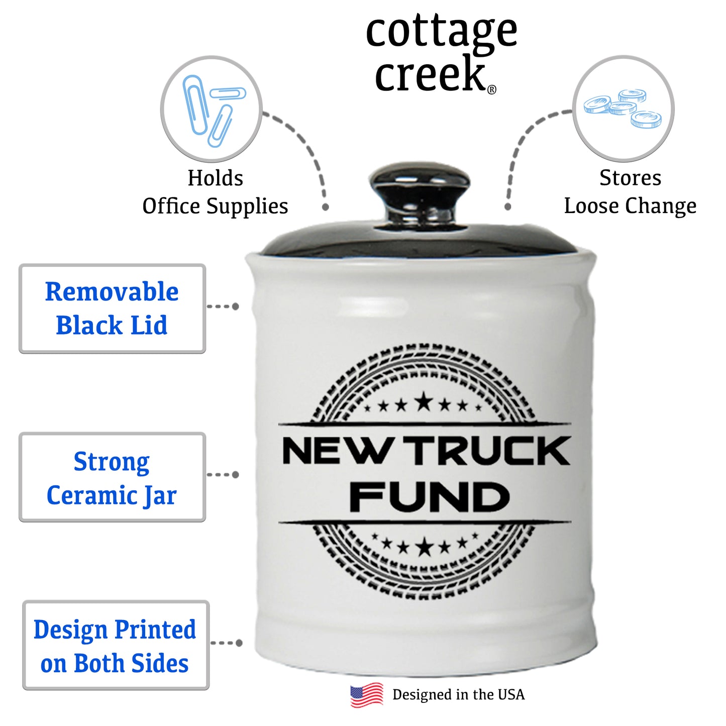Cottage Creek New Truck Fund Piggy Bank, Ceramic Multicolored, 6" Truck Money Candy Jar