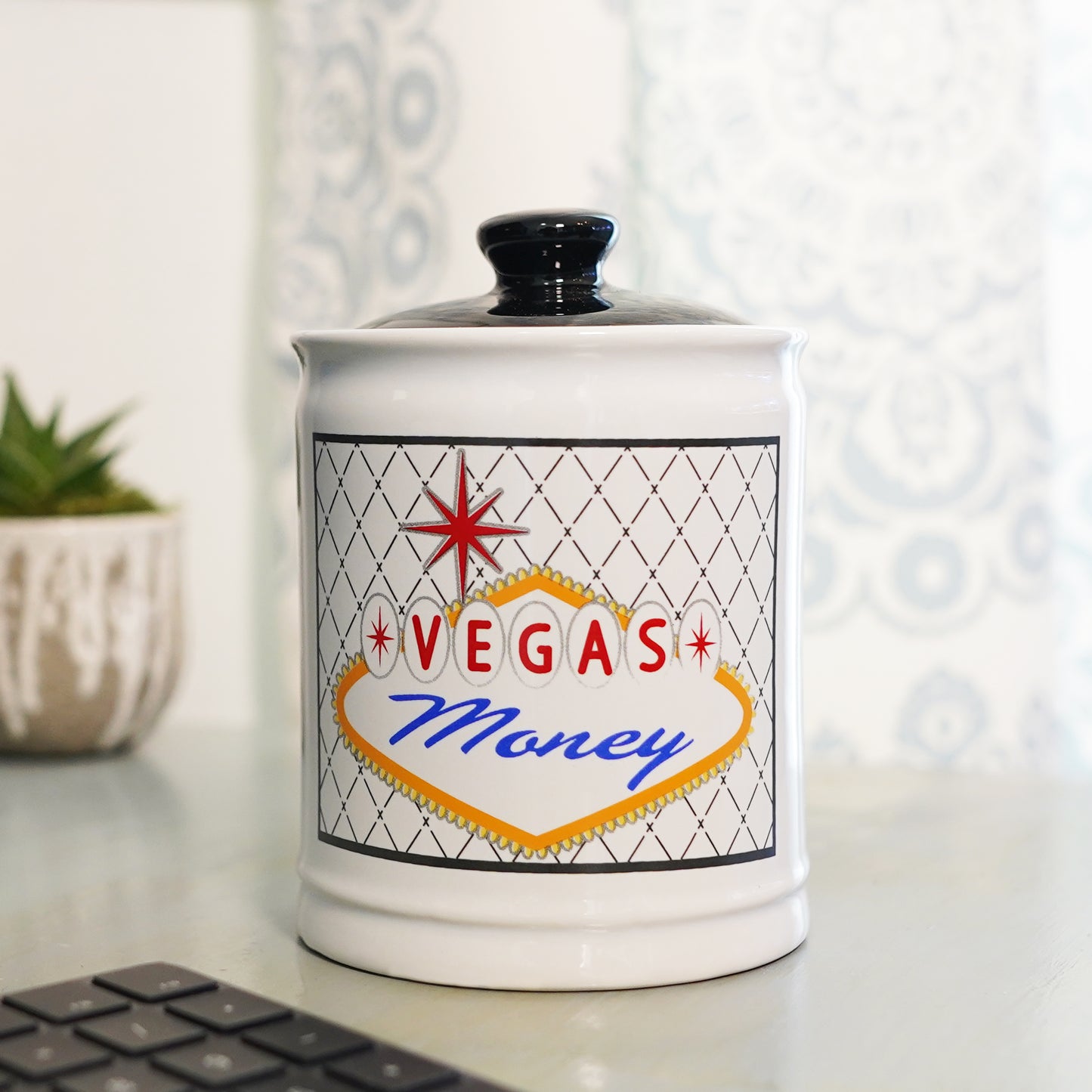 Cottage Creek Vegas Money Piggy Bank, Ceramic, 6", Multicolored Las Vegas Candy Jar