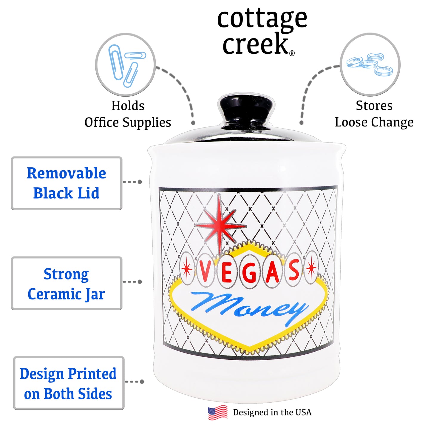 Cottage Creek Vegas Money Piggy Bank, Ceramic, 6", Multicolored Las Vegas Candy Jar