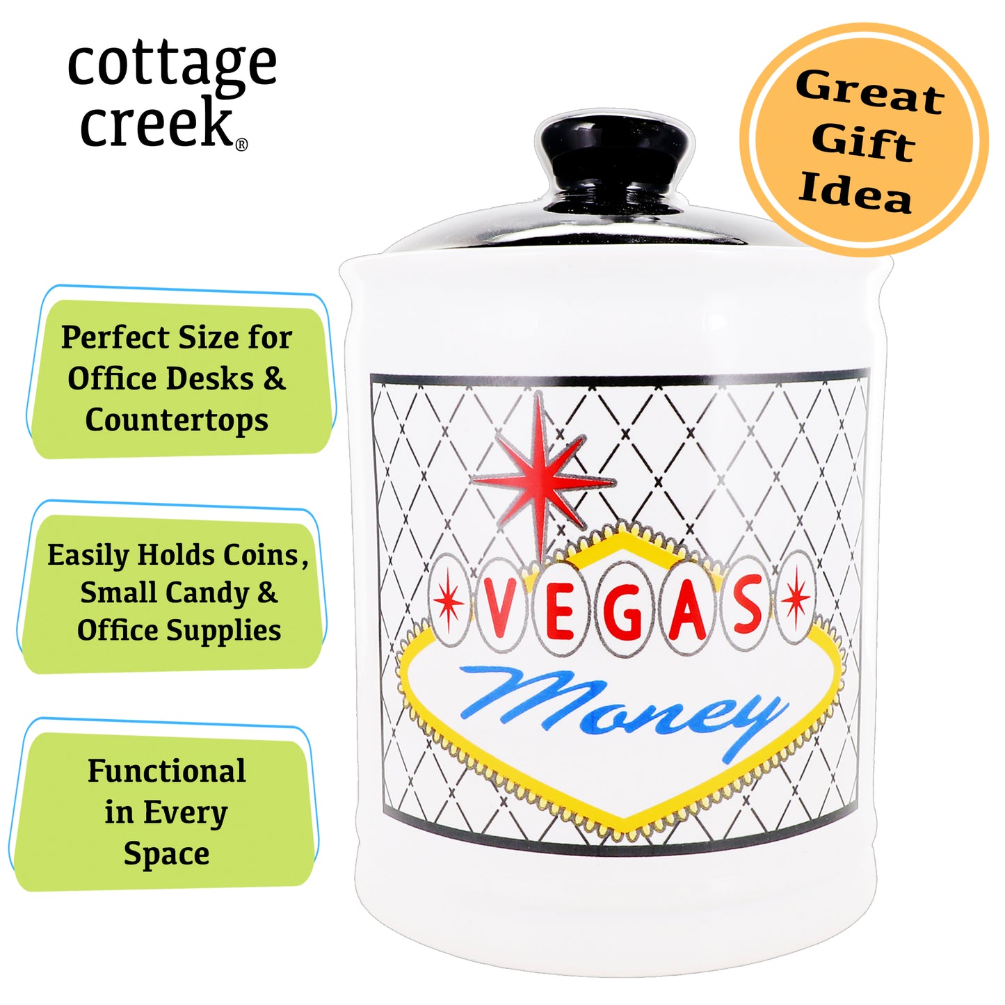 Cottage Creek Vegas Money Piggy Bank, Ceramic, 6", Multicolored Las Vegas Candy Jar