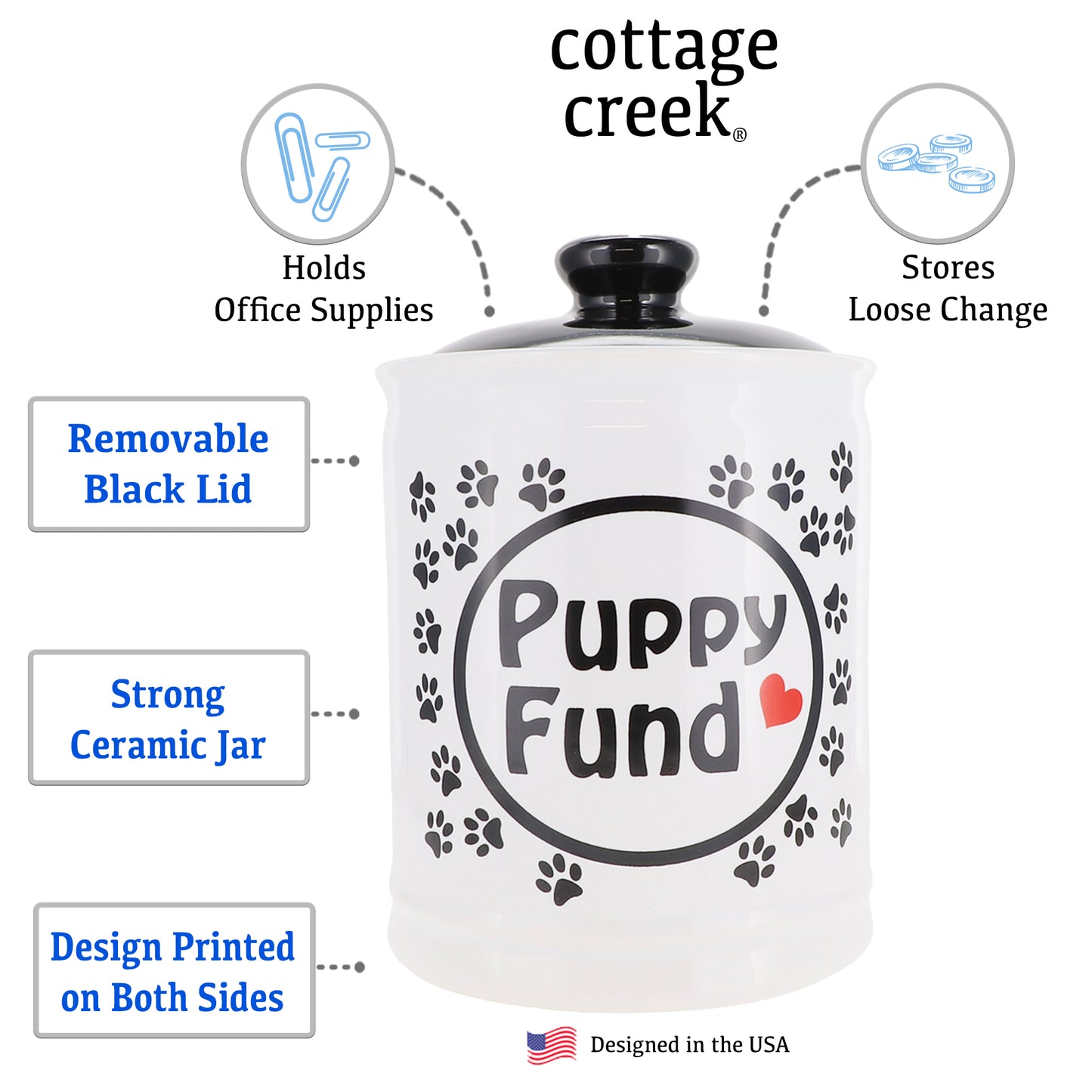 Cottage Creek Puppy Fund Piggy Bank, Ceramic, 6", Multicolored Dog Gift for Women