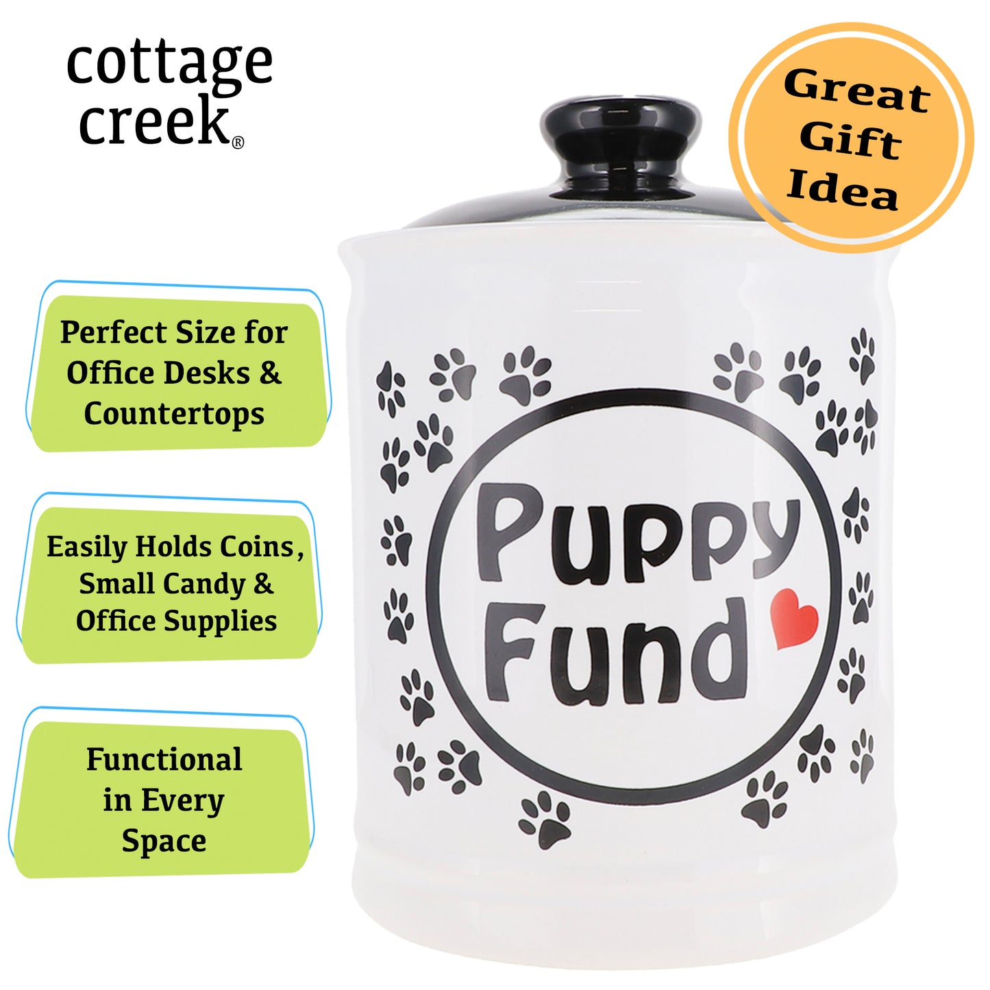 Cottage Creek Puppy Fund Piggy Bank, Ceramic, 6", Multicolored Dog Gift for Women