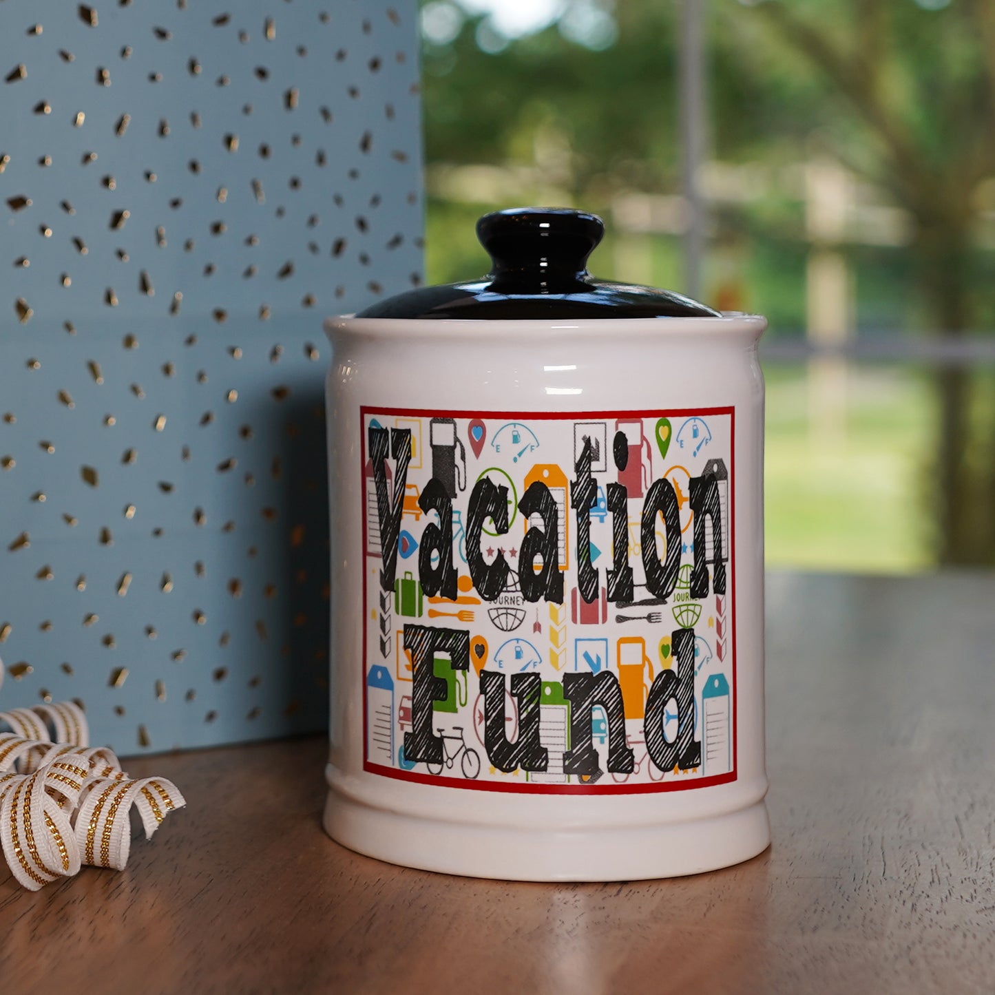 Cottage Creek Vacation Fund Piggy Bank, Ceramic, 6" Multicolored Our Adventure Travel Savings Bank