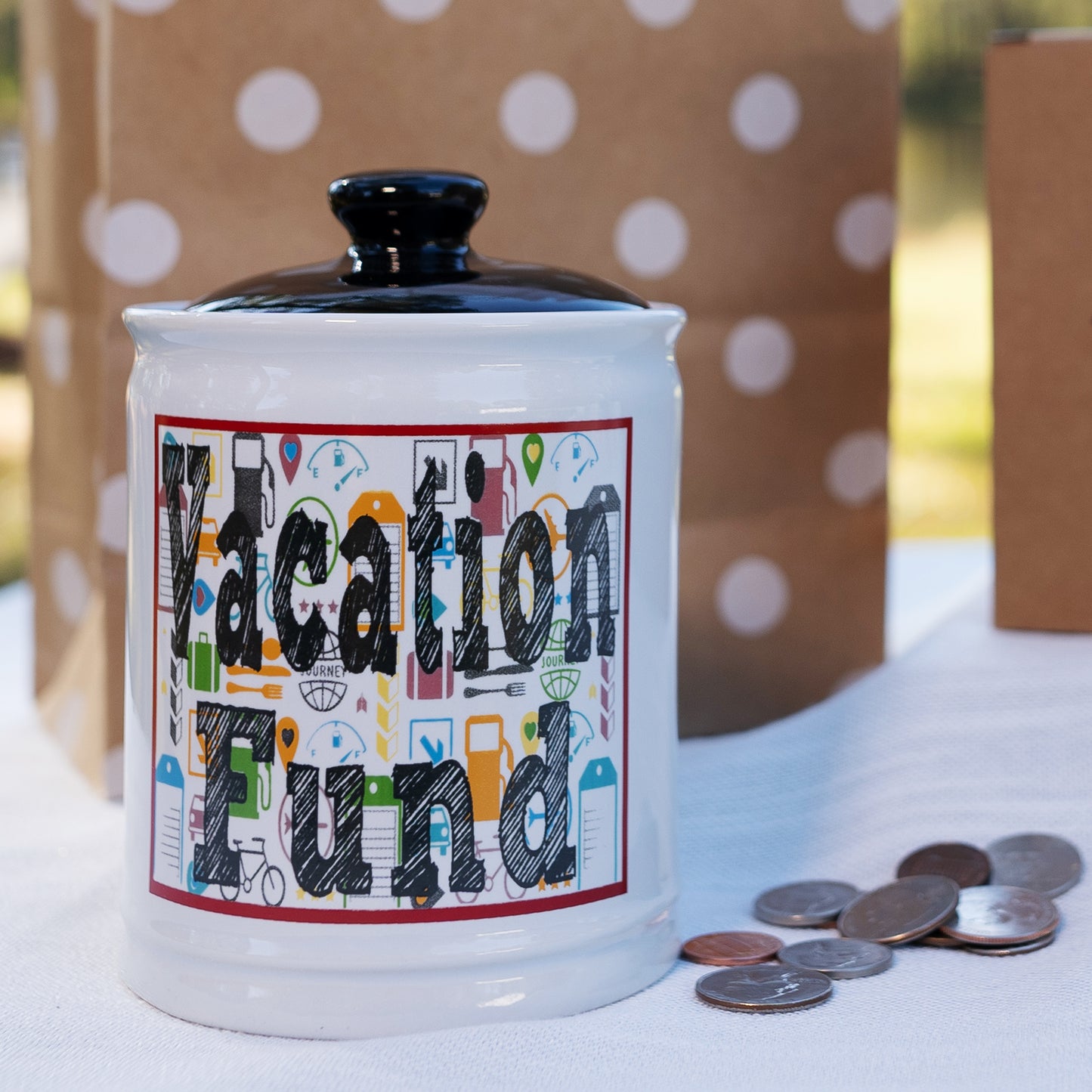 Cottage Creek Vacation Fund Piggy Bank, Ceramic, 6" Multicolored Our Adventure Travel Savings Bank