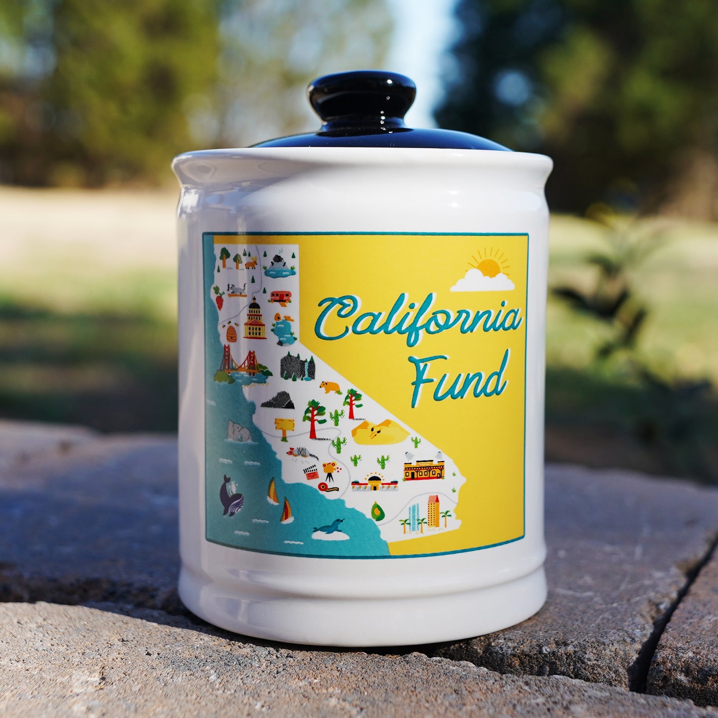 Cottage Creek California Fund Ceramic Piggy Bank, Ceramic, 6", Multicolored California Vacation Money Jar