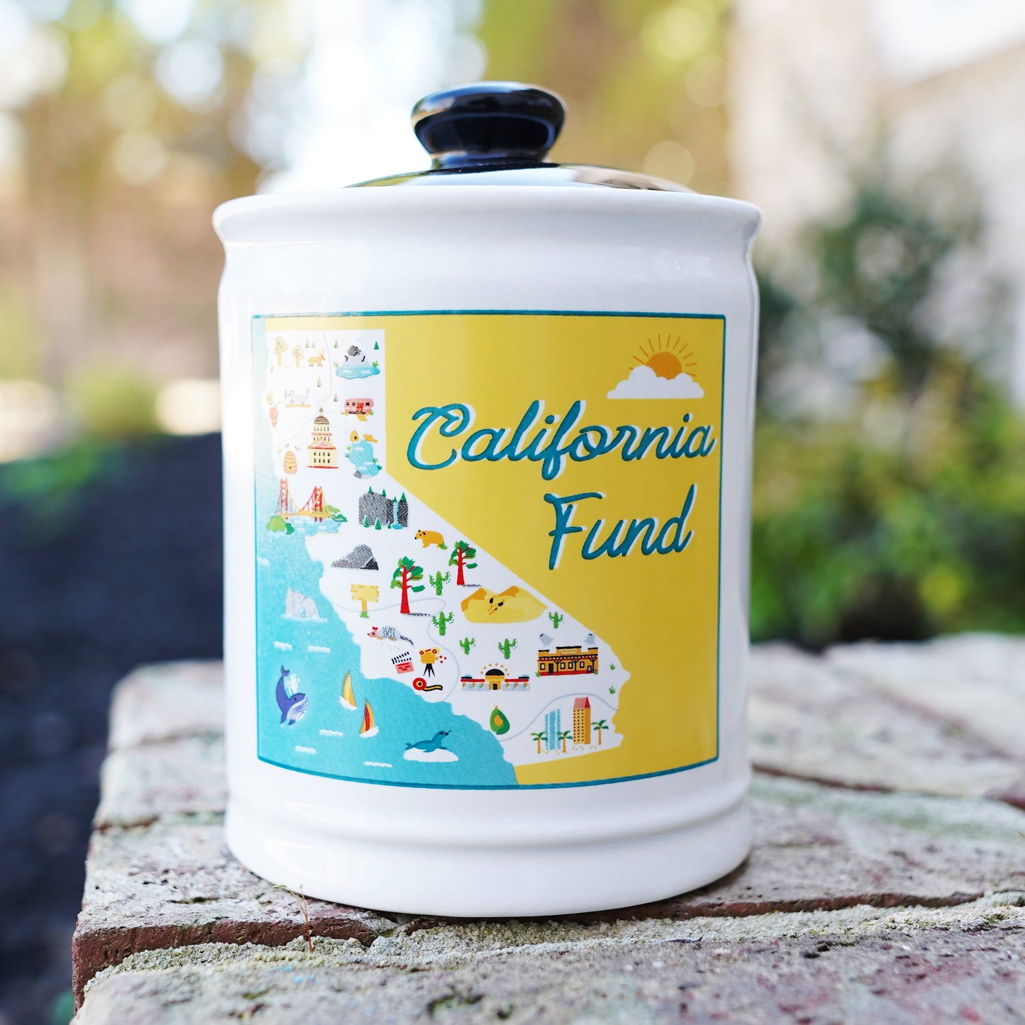 Cottage Creek California Fund Ceramic Piggy Bank, Ceramic, 6", Multicolored California Vacation Money Jar