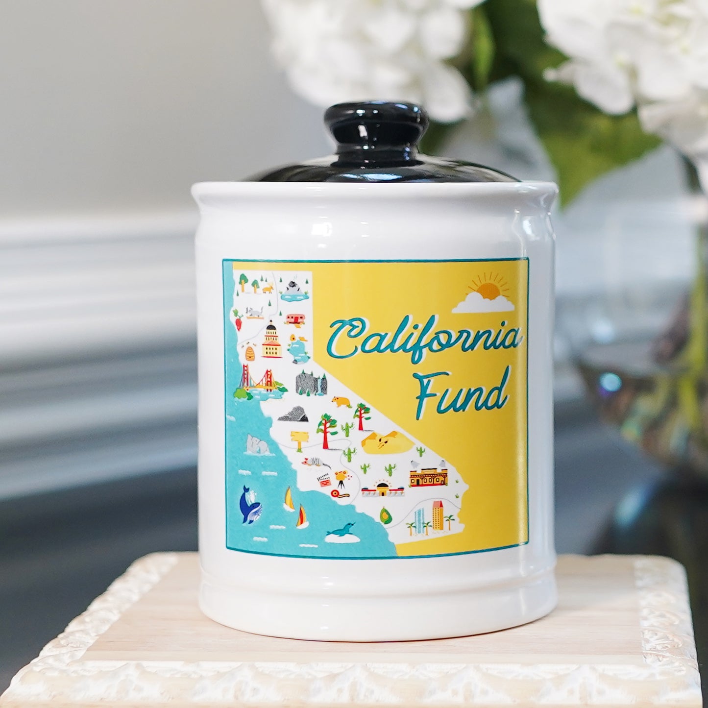Cottage Creek California Fund Ceramic Piggy Bank, Ceramic, 6", Multicolored California Vacation Money Jar