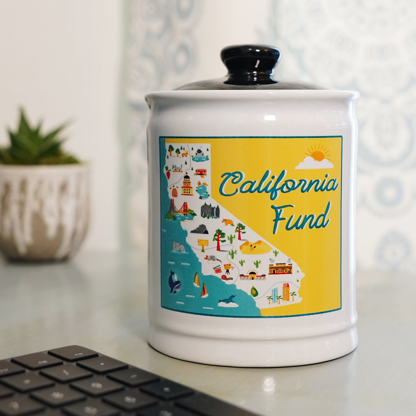 Cottage Creek California Fund Ceramic Piggy Bank, Ceramic, 6", Multicolored California Vacation Money Jar