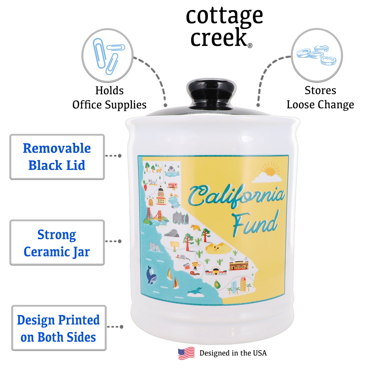 Cottage Creek California Fund Ceramic Piggy Bank, Ceramic, 6", Multicolored California Vacation Money Jar