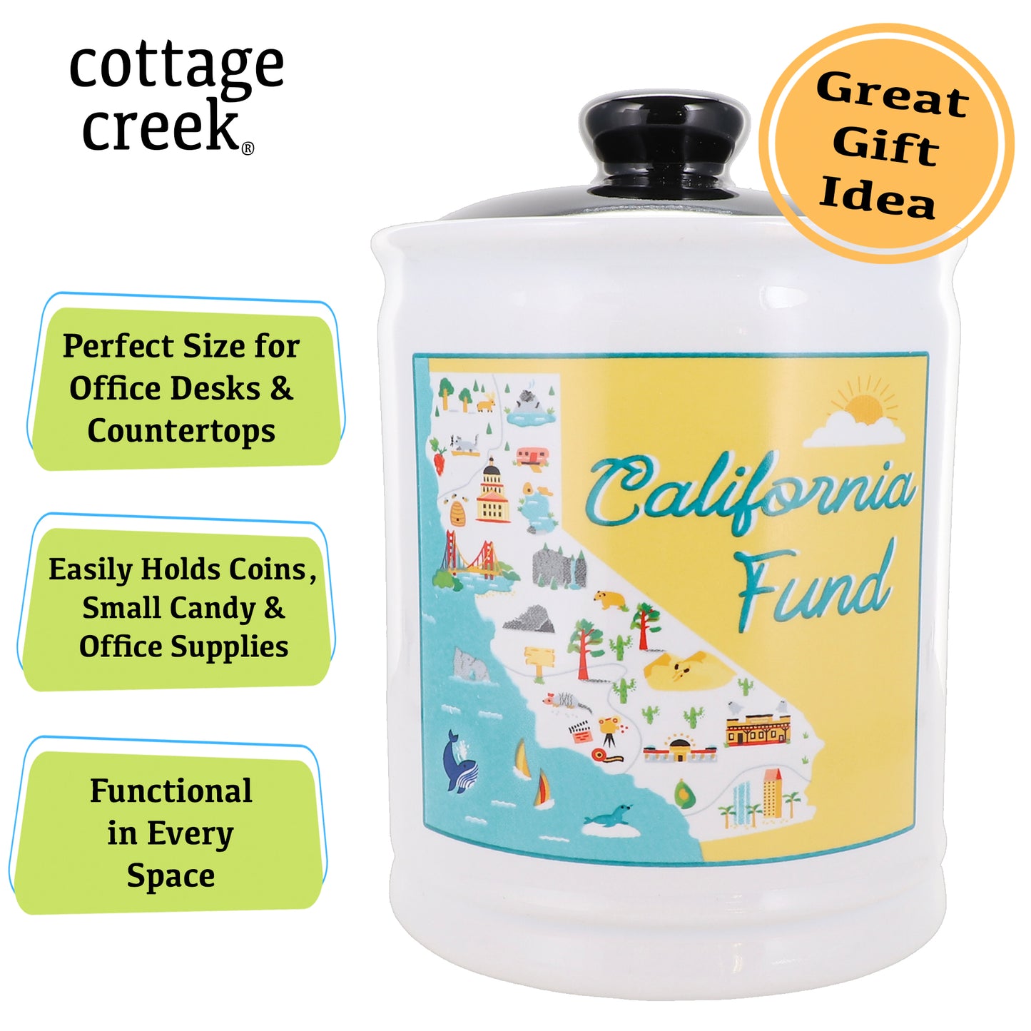 Cottage Creek California Fund Ceramic Piggy Bank, Ceramic, 6", Multicolored California Vacation Money Jar