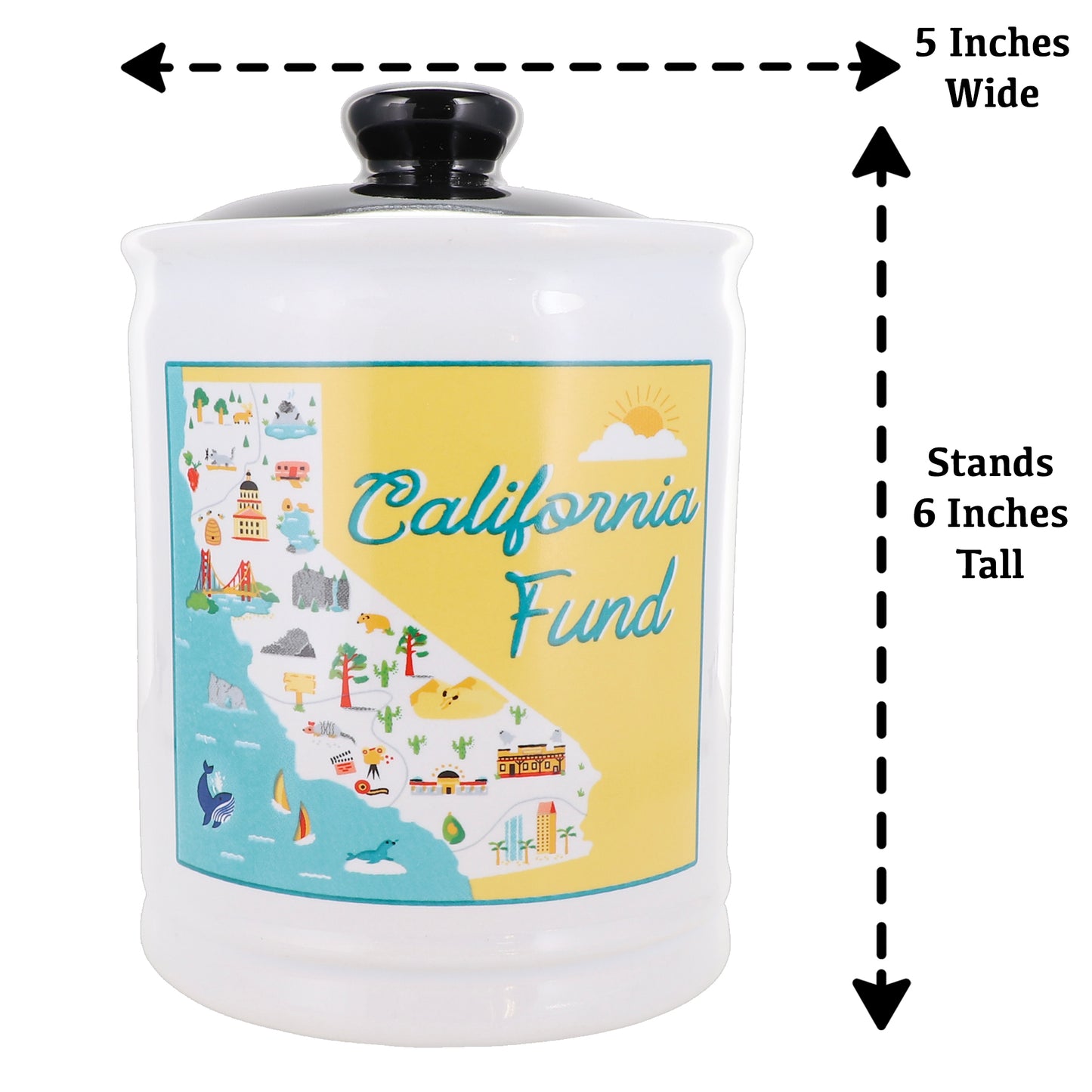 Cottage Creek California Fund Ceramic Piggy Bank, Ceramic, 6", Multicolored California Vacation Money Jar