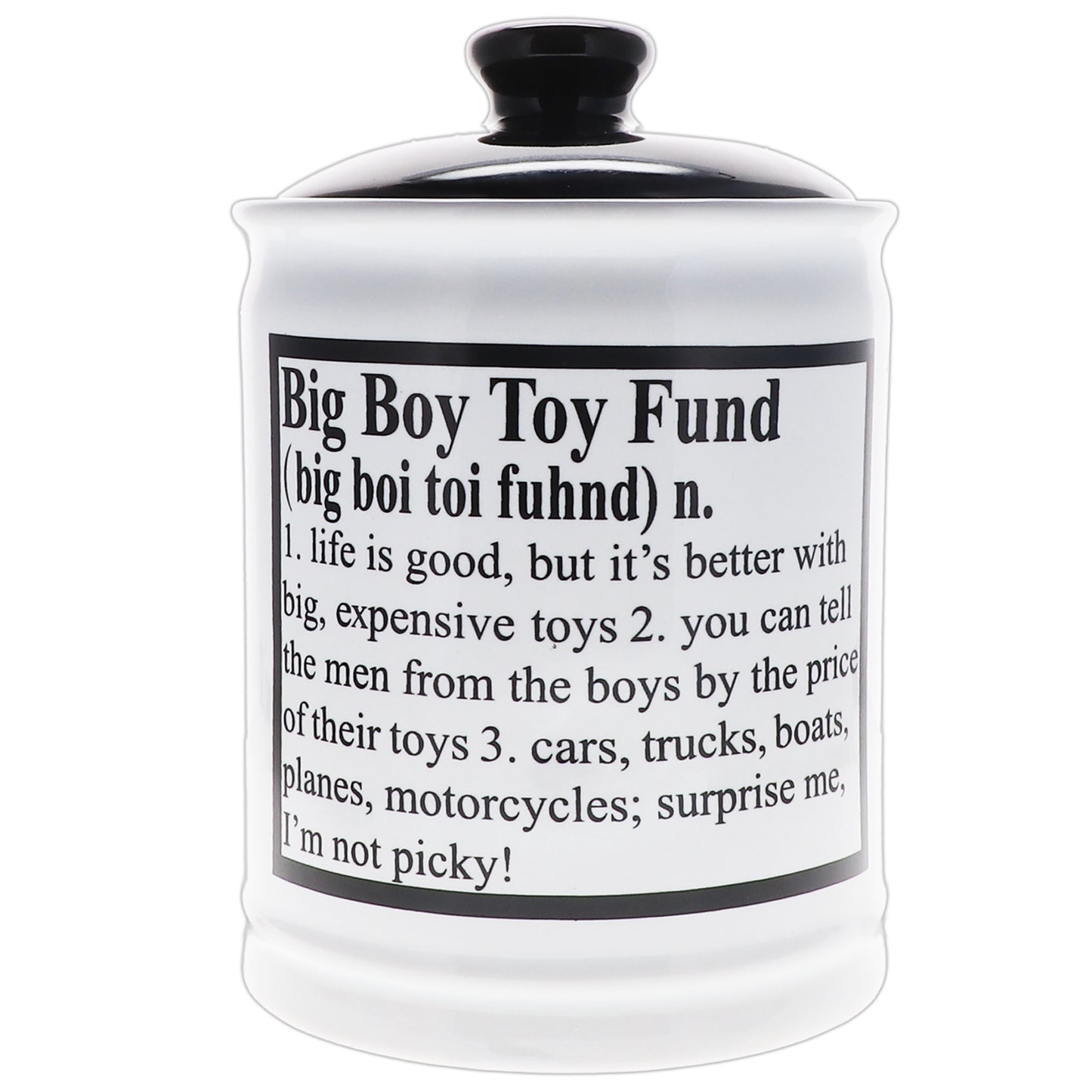 Cottage Creek Big Boy Toy Fund Piggy Bank, Ceramic Multicolored 6" Candy Jar, Dad Gifts