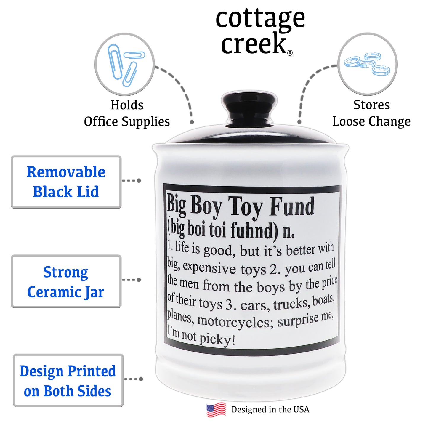 Cottage Creek Big Boy Toy Fund Piggy Bank, Ceramic Multicolored 6" Candy Jar, Dad Gifts