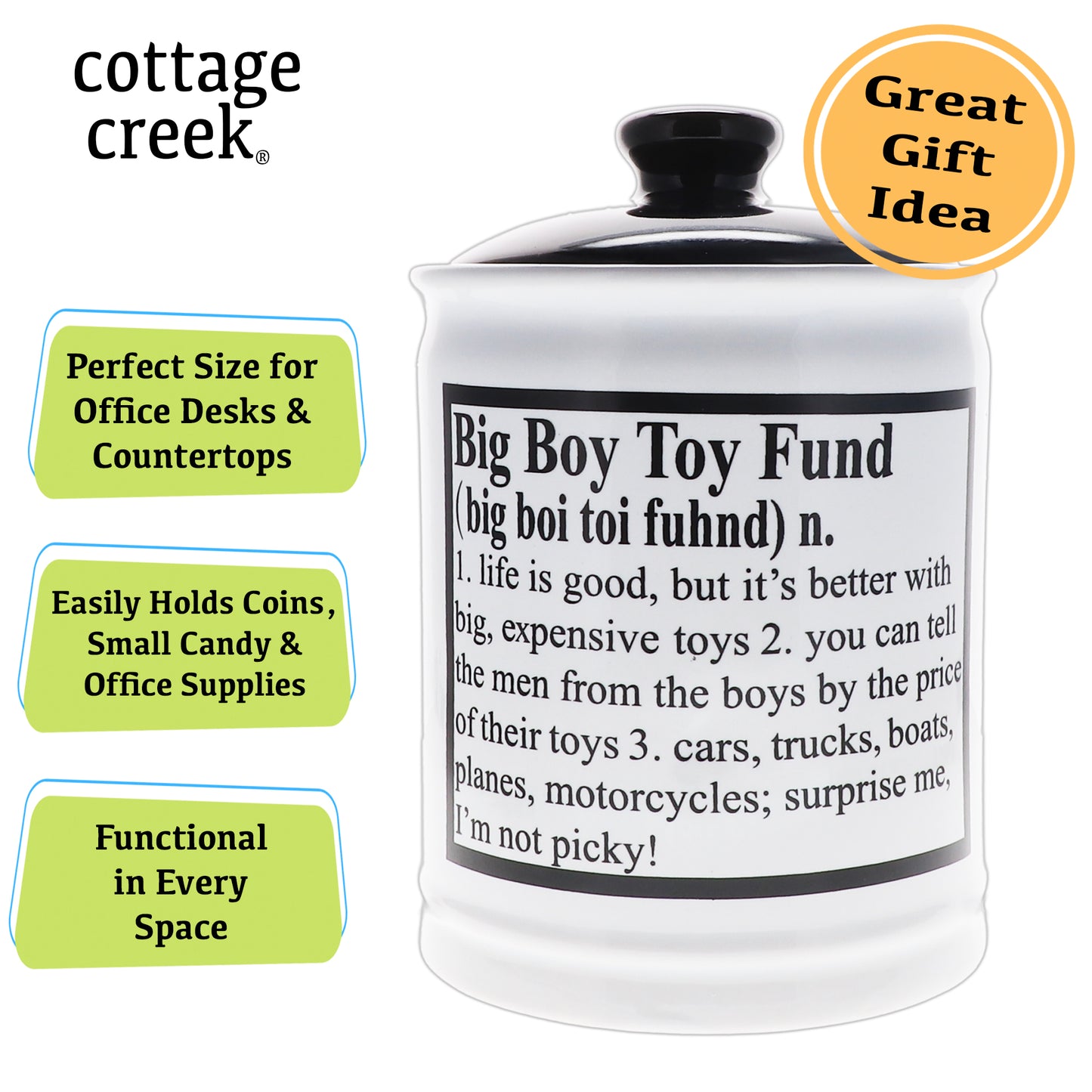 Cottage Creek Big Boy Toy Fund Piggy Bank, Ceramic Multicolored 6" Candy Jar, Dad Gifts