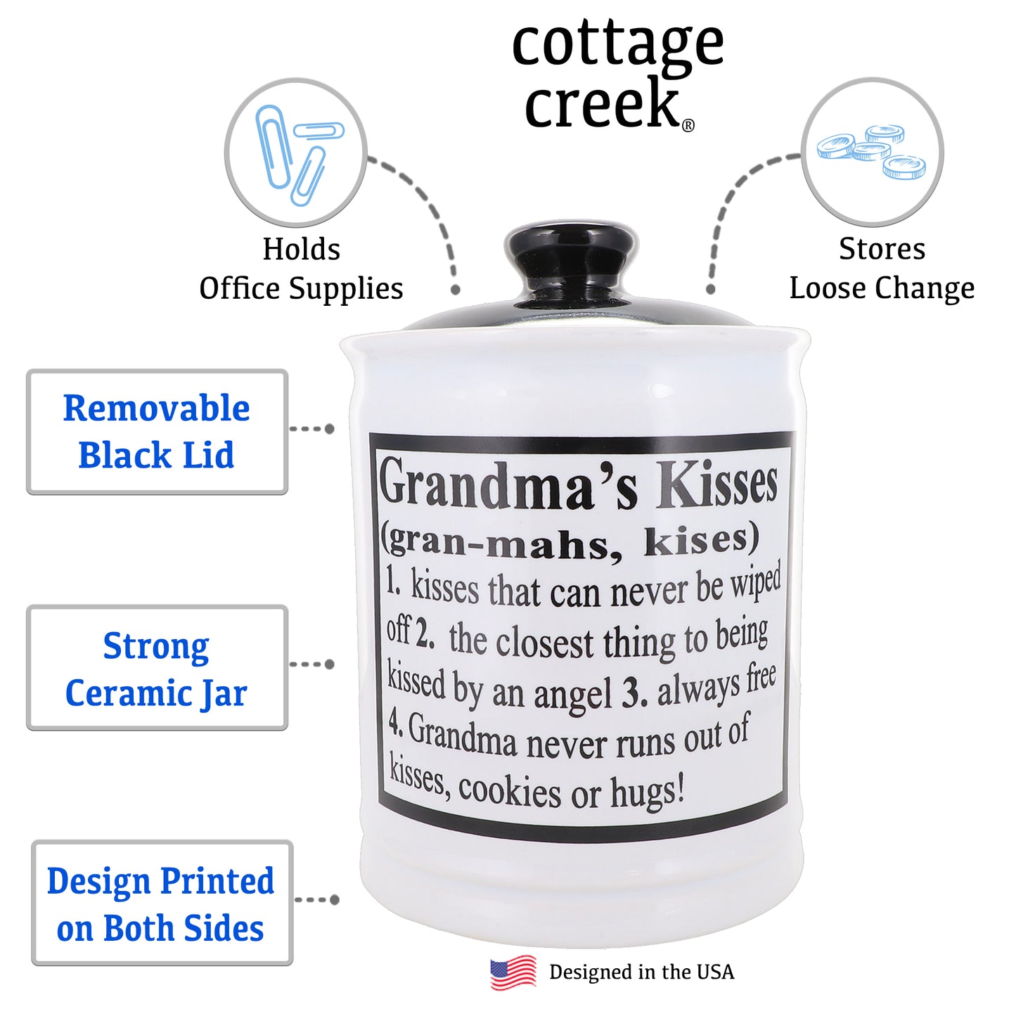 Cottage Creek Grandma's Kisses Candy Jar, Multicolored, Ceramic, 6" Candy Jar, Grandma Gifts