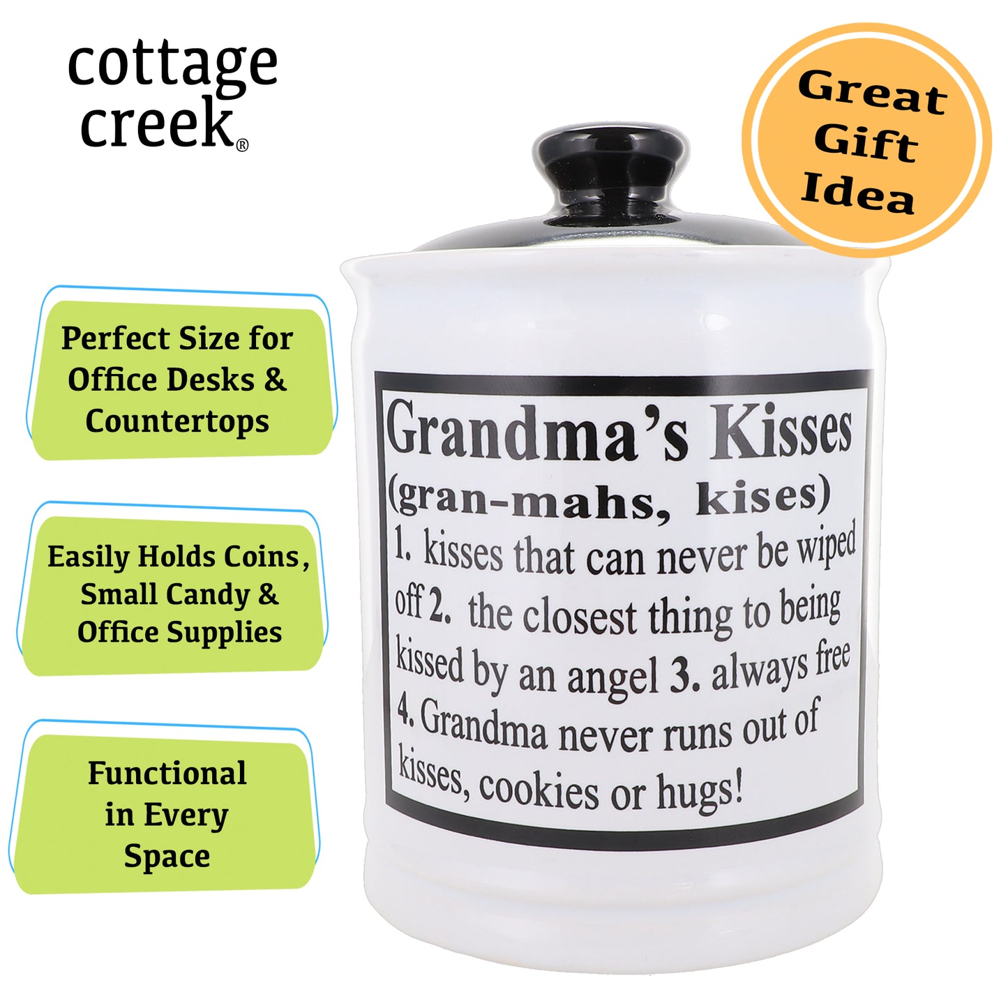 Cottage Creek Grandma's Kisses Candy Jar, Multicolored, Ceramic, 6" Candy Jar, Grandma Gifts