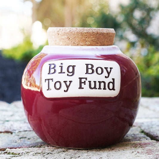 Cottage Creek Big Boy Toy Fund Piggy Bank, Red, Ceramic, 6" Candy Jar, Gifts for Men