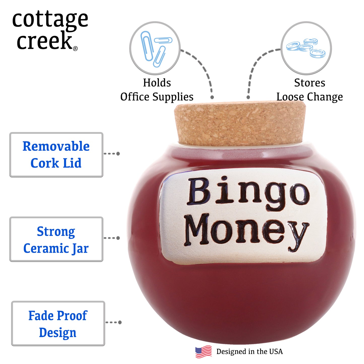 Cottage Creek Bingo Money Piggy Bank, Red, Ceramic, 6" Candy Jar, Bingo Gifts for Bingo Lovers