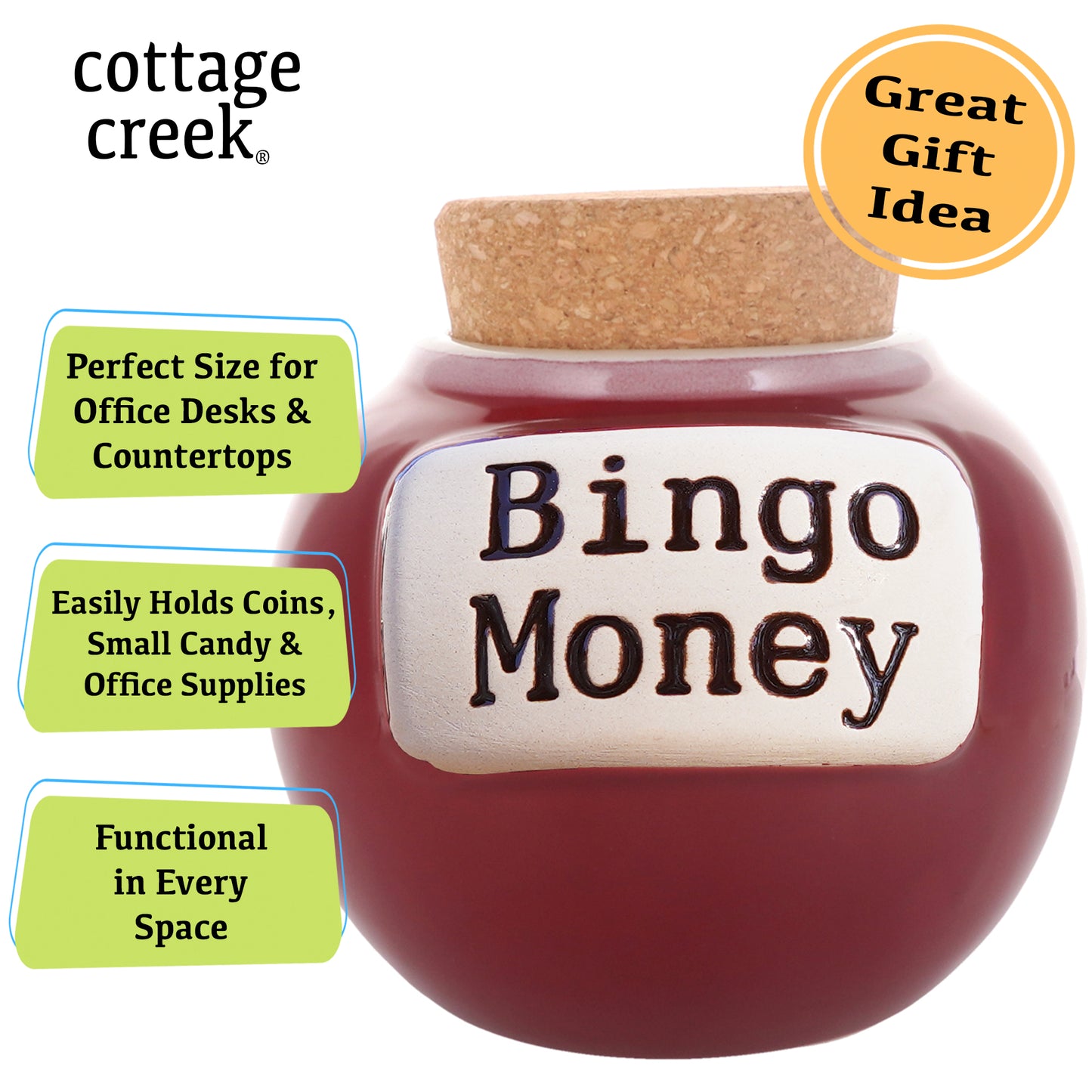 Cottage Creek Bingo Money Piggy Bank, Red, Ceramic, 6" Candy Jar, Bingo Gifts for Bingo Lovers