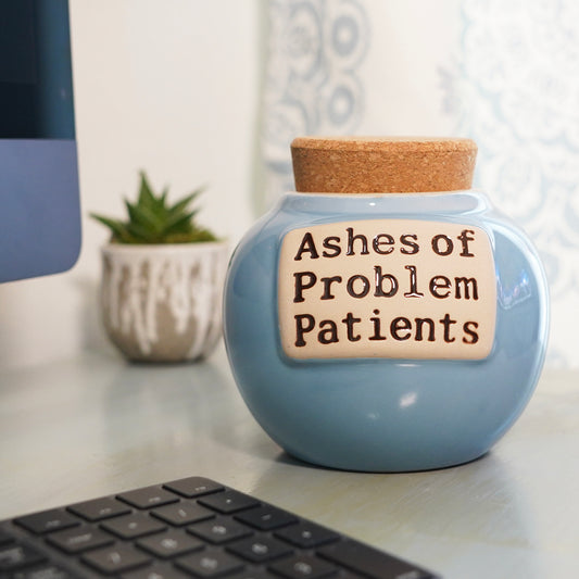 Cottage Creek Ashes of Problem Patients Piggy Bank, Light Blue Ceramic 6" Office Candy Jar, Nurse Doctor Gifts