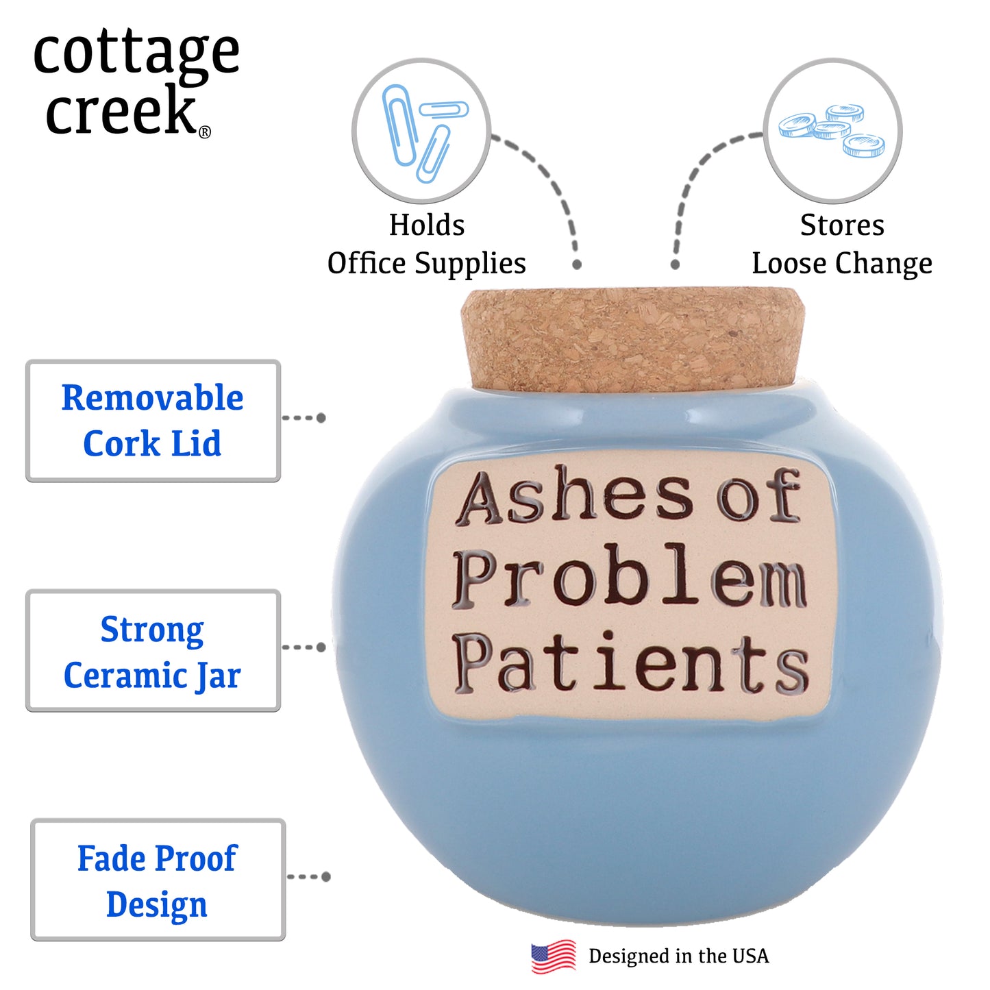 Cottage Creek Ashes of Problem Patients Piggy Bank, Light Blue Ceramic 6" Office Candy Jar, Nurse Doctor Gifts