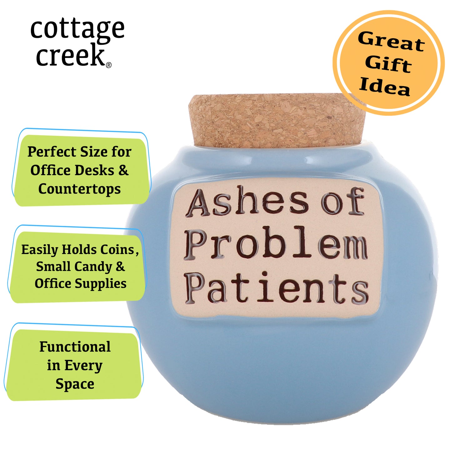 Cottage Creek Ashes of Problem Patients Piggy Bank, Light Blue Ceramic 6" Office Candy Jar, Nurse Doctor Gifts