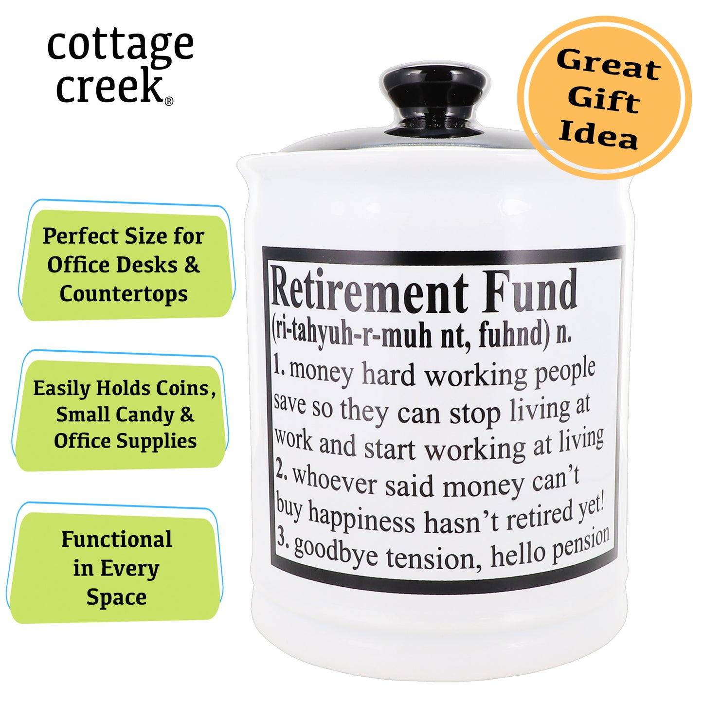Cottage Creek Retirement Fund Piggy Bank, Ceramic, 6", Multicolored Retired Retirement Candy Jar