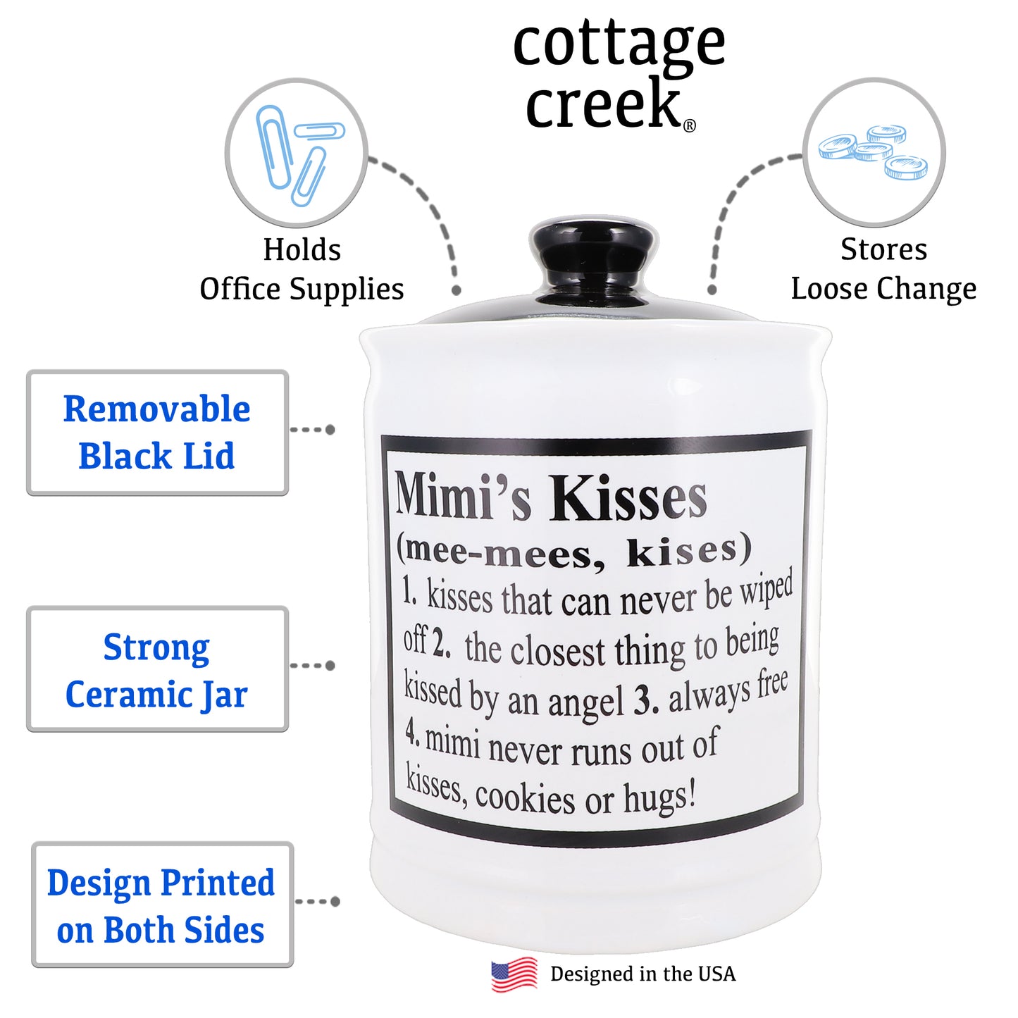 Cottage Creek Mimi's Kisses Piggy Bank, Multicolored, Ceramic, 6" Candy Jar for Mimi