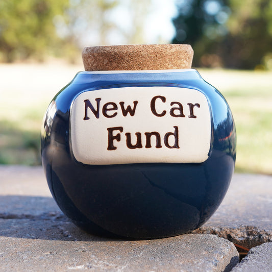Cottage Creek New Car Fund Piggy Bank, Dark Blue, Ceramic, 6" Car Money Jar