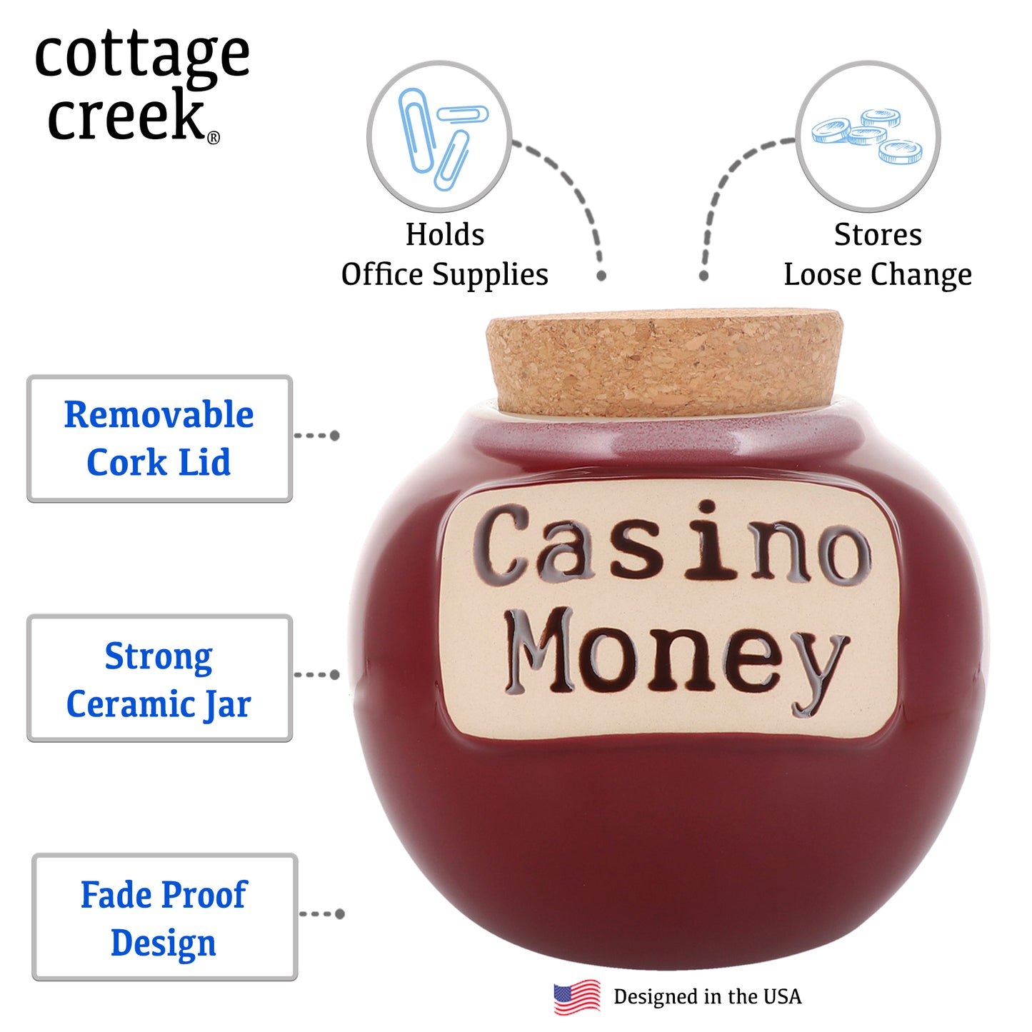 Cottage Creek Casino Money Piggy Bank, Ceramic, 6", Red Casino Gambling Gifts