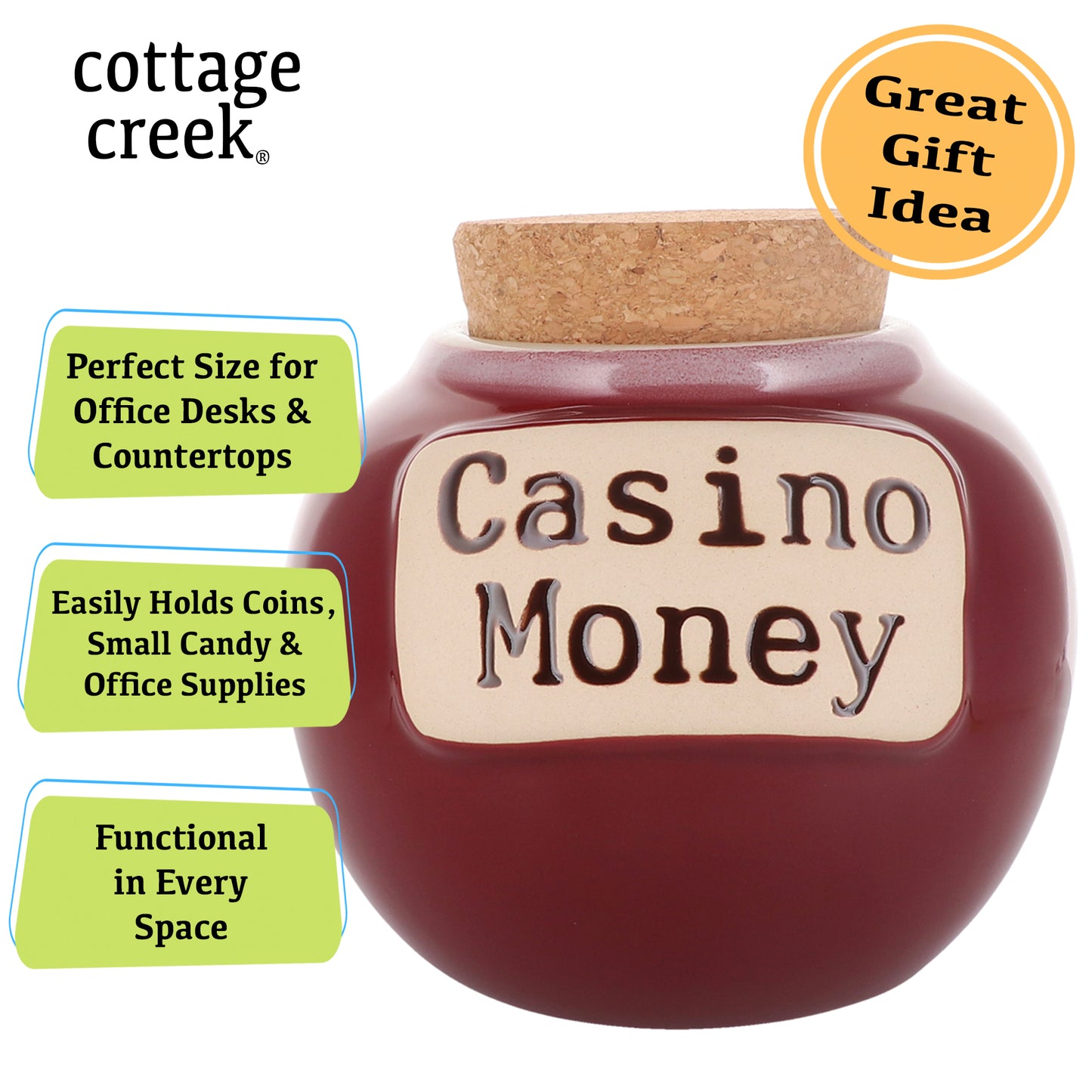 Cottage Creek Casino Money Piggy Bank, Ceramic, 6", Red Casino Gambling Gifts