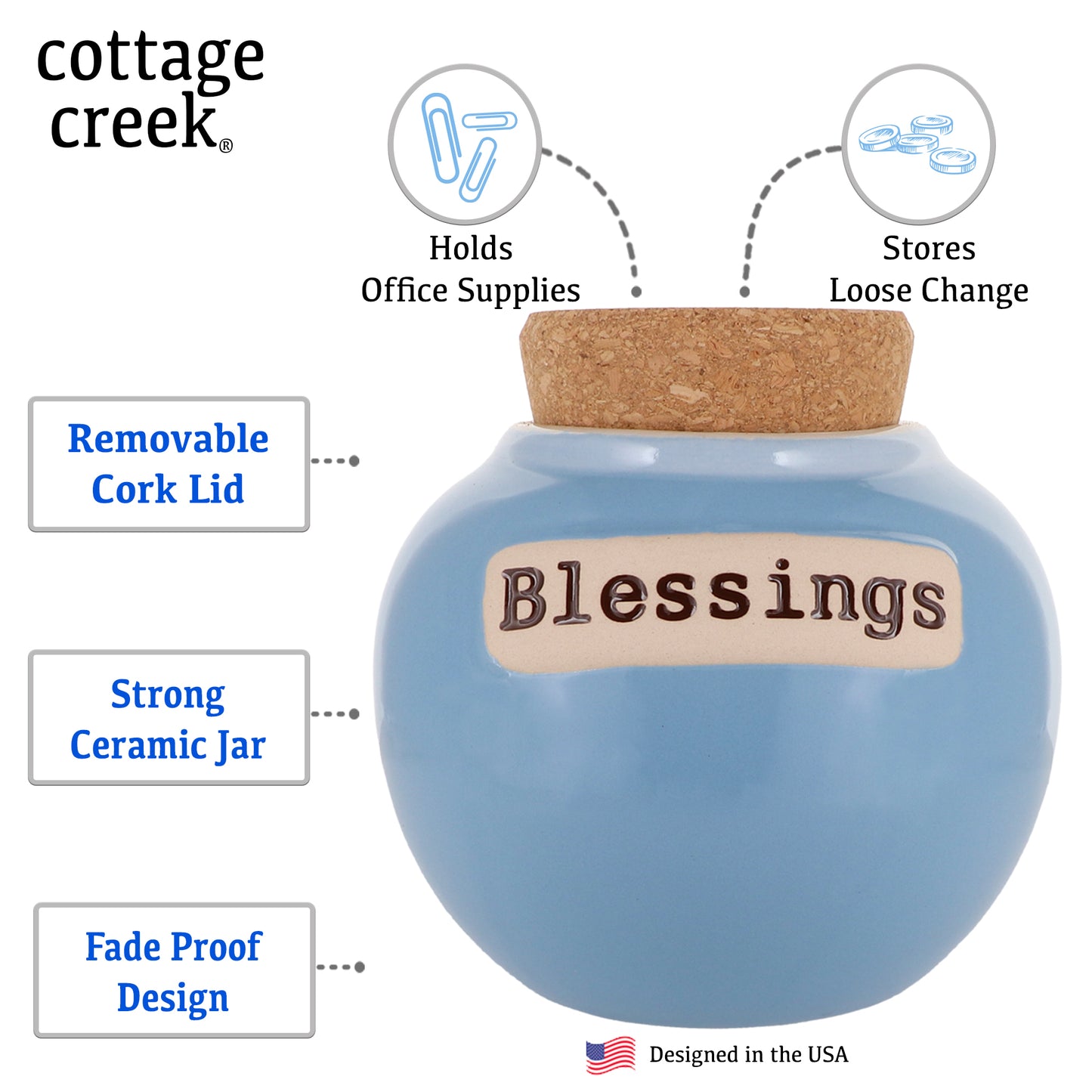 Cottage Creek Blessings Jar, Light Blue, 6", Ceramic Keepsake Jar, Prayer Box, Gratitude Jar
