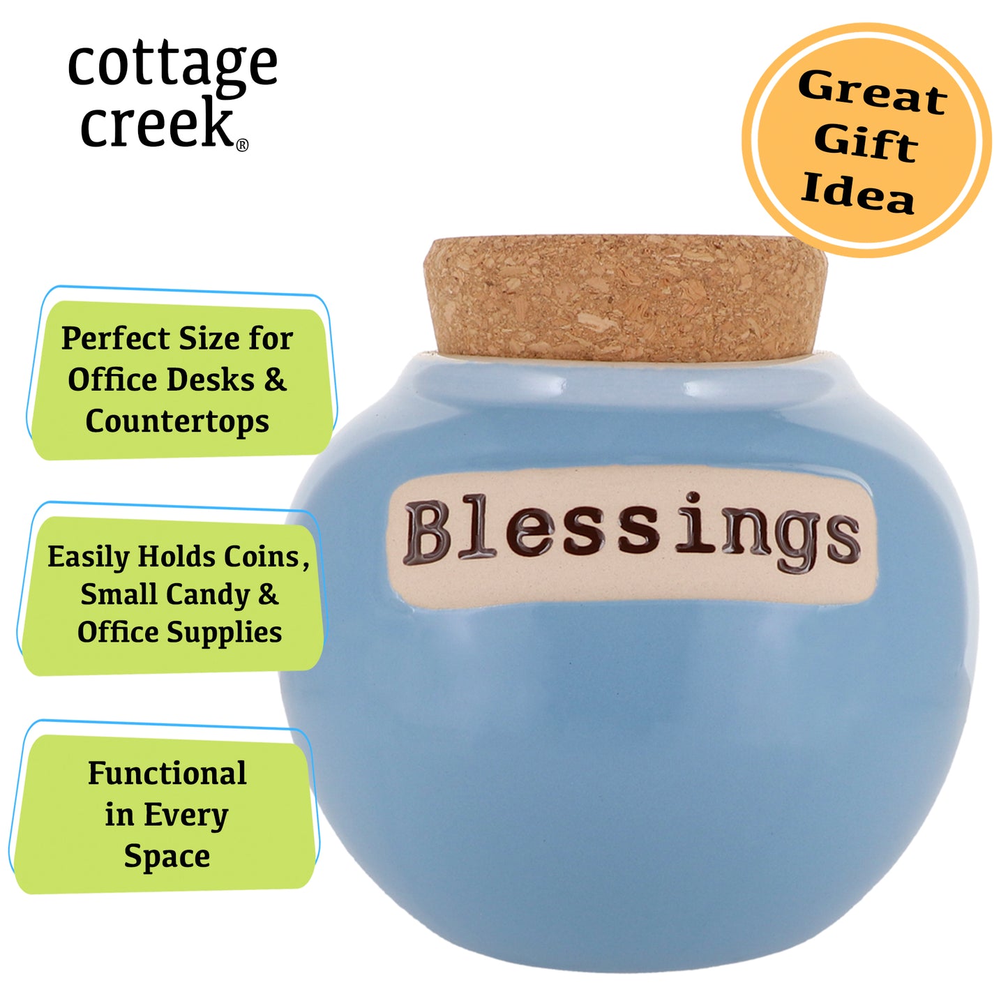 Cottage Creek Blessings Jar, Light Blue, 6", Ceramic Keepsake Jar, Prayer Box, Gratitude Jar