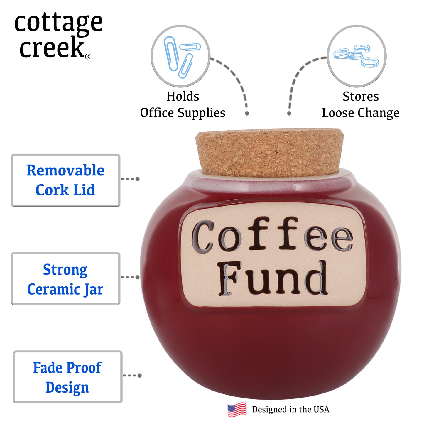 Cottage Creek Coffee Fund Piggy Bank, Red, Ceramic, 6" Coffee Jar, Coffee Gifts
