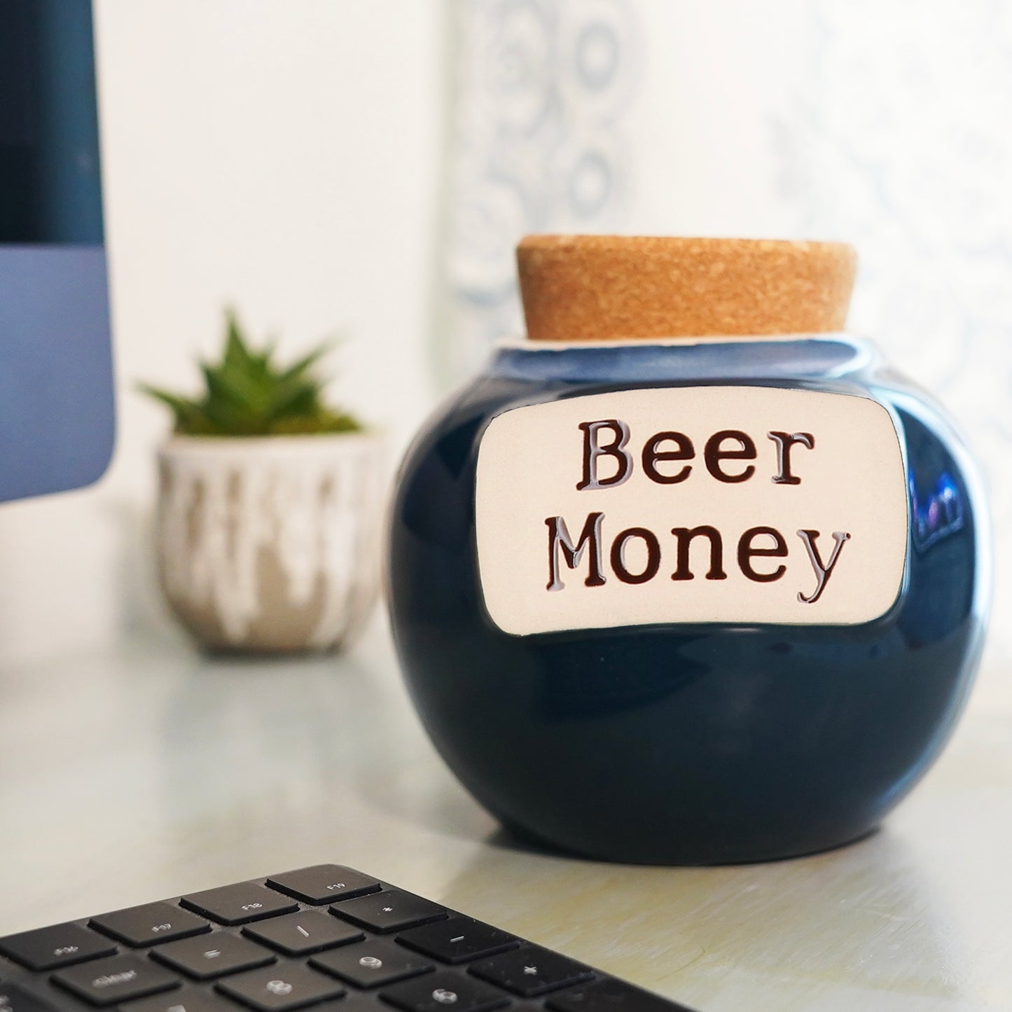 Cottage Creek Beer Money Piggy Bank, Ceramic, Dark Blue, 6" Beer Fund Candy Jar