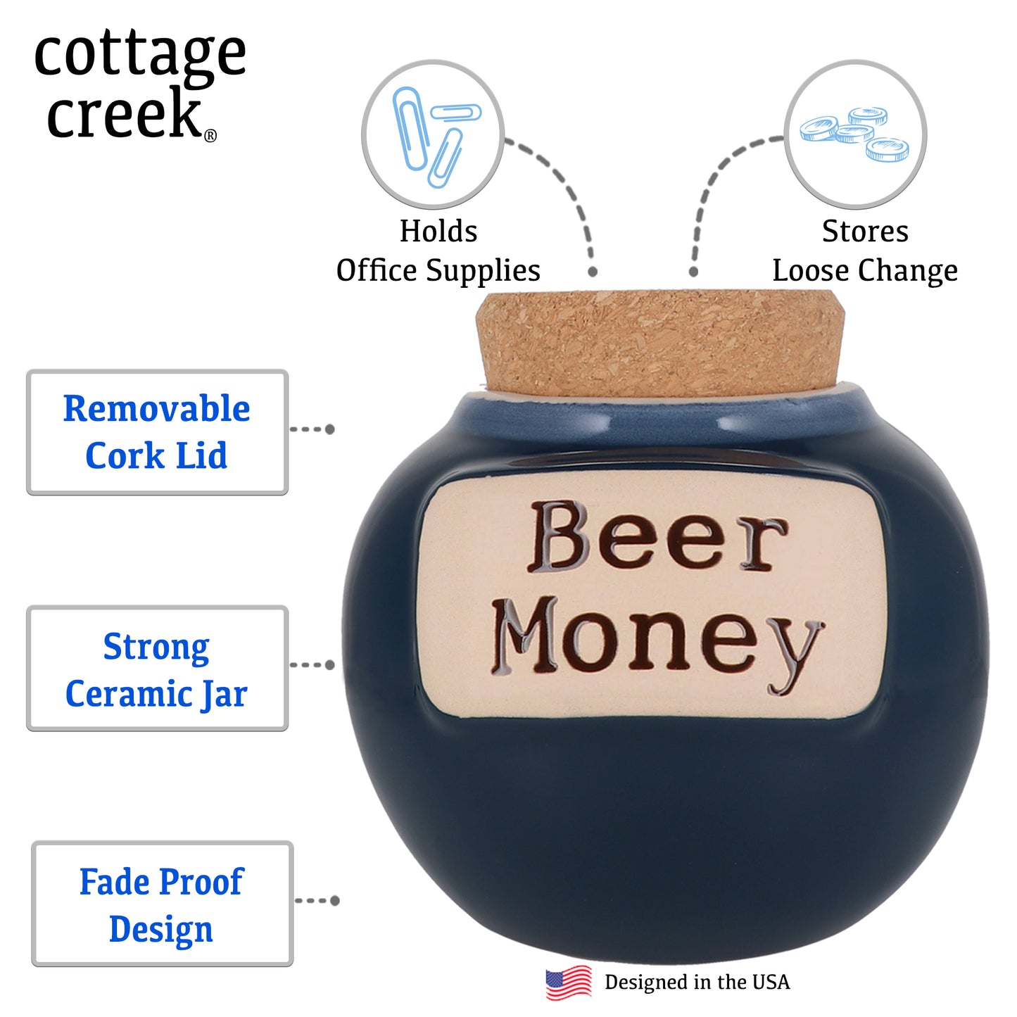 Cottage Creek Beer Money Piggy Bank, Ceramic, Dark Blue, 6" Beer Fund Candy Jar