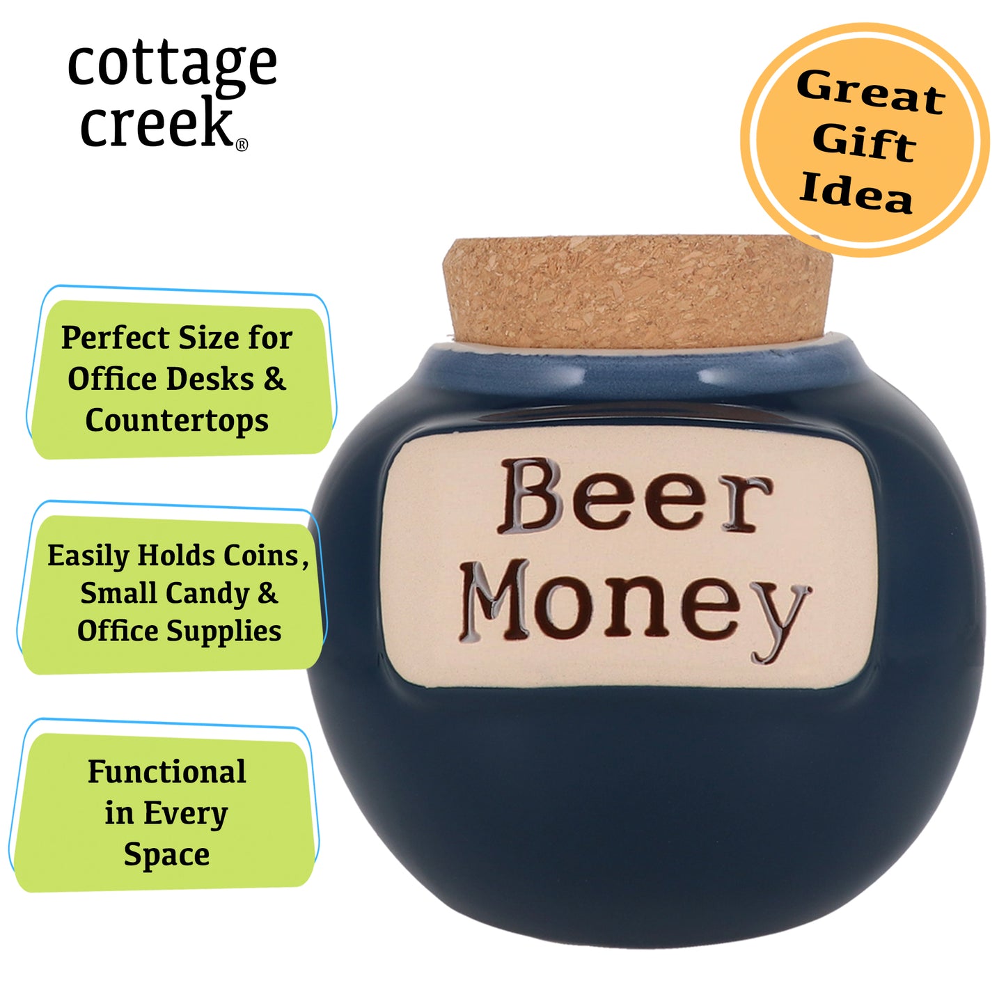 Cottage Creek Beer Money Piggy Bank, Ceramic, Dark Blue, 6" Beer Fund Candy Jar