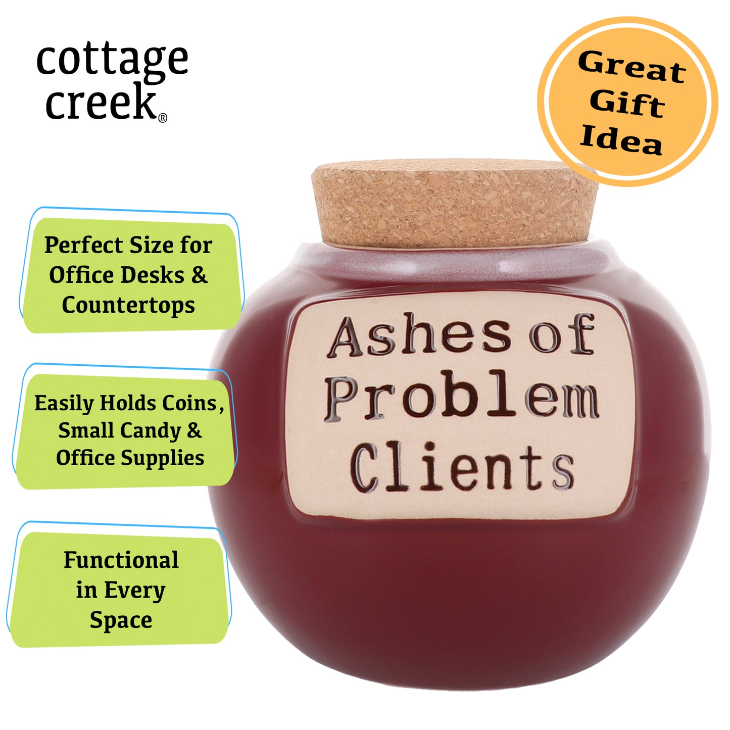 Cottage Creek Ashes of Problem Clients Jar Piggy Bank, Red, Ceramic, 6" Candy Jar